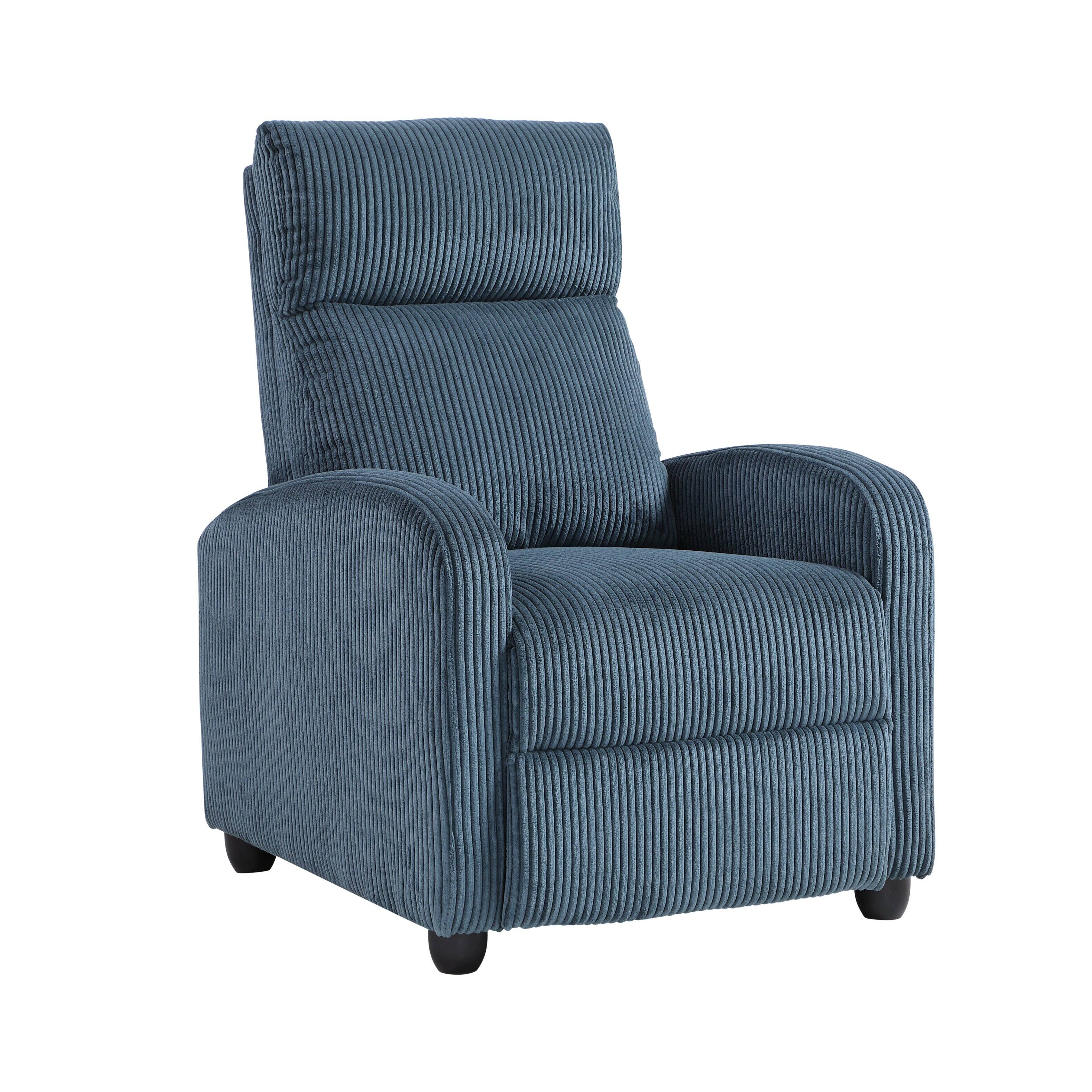 Front. TinyHomie - Modern Push Back Recliner Chair Bue Soft Corduroy Upholstery Comfort Solid Wood Living Room Furniture 1pc - Blue.
