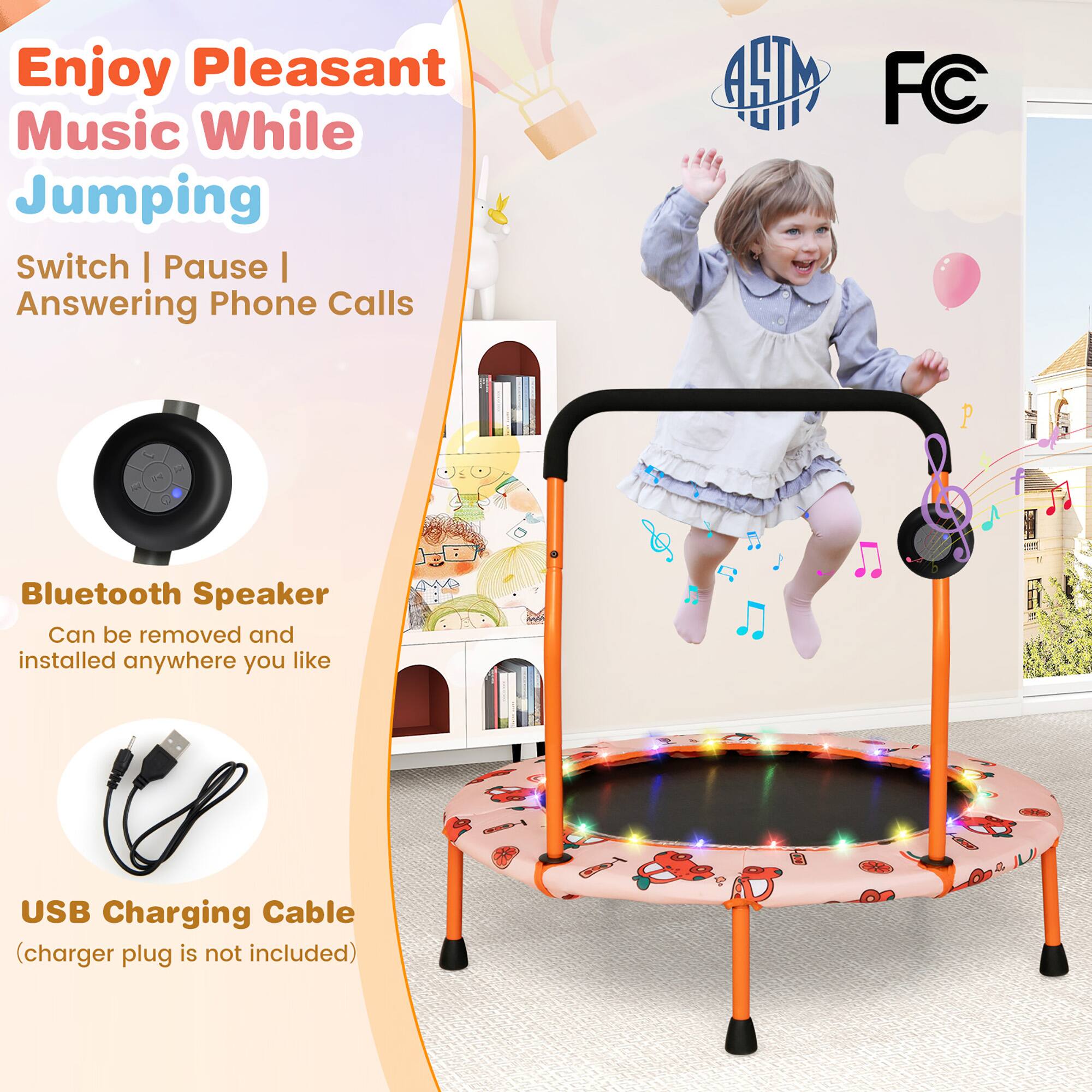 Enjoy Pleasant Music While Jumping  
Switch | Pause | Answering Phone Calls  

ASM FC Bluetooth Speaker  
Can be removed and installed anywhere you like  

USB Charging Cable  
(charger plug is not included)