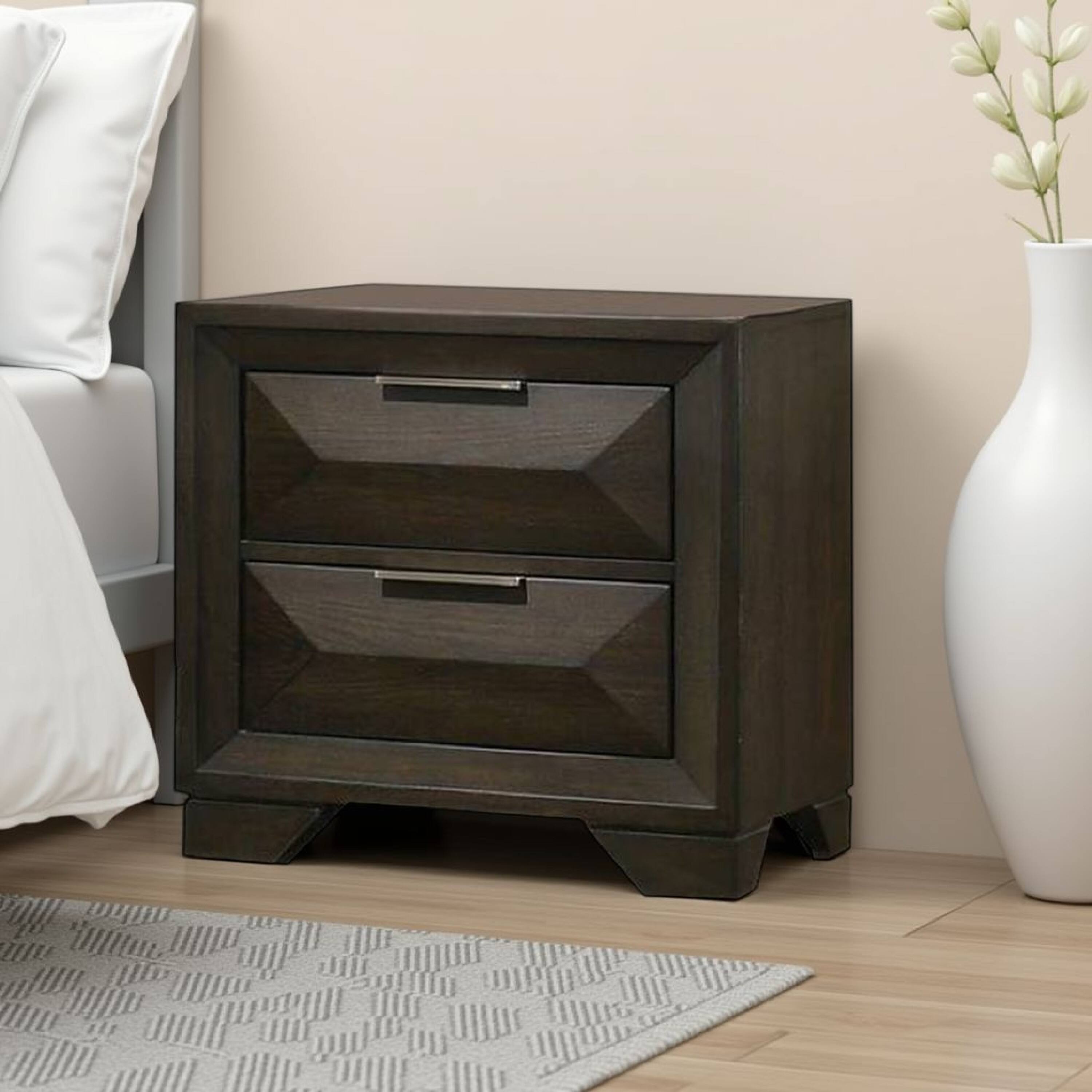Alt View 5. Manhattan Lane - Fema Nightstand, 2 Bevel Drawers, Nickel Handles - Espresso Brown.