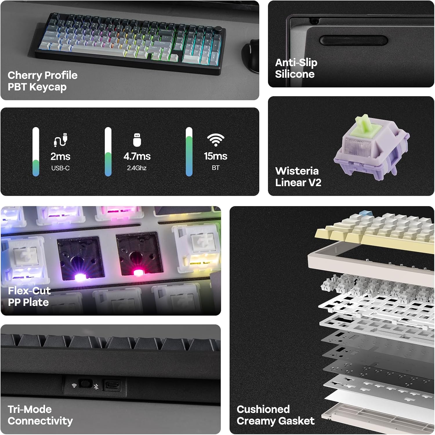 Cherry Profile PBT Keycap  
Anti-Slip Silicone  
2ms USB-C  
4.7ms 2.4Ghz  
15ms BT  
Wisteria Linear V2  
Flex-Cut PP Plate  
Tri-Mode Connectivity  
Cushioned Creamy Gasket