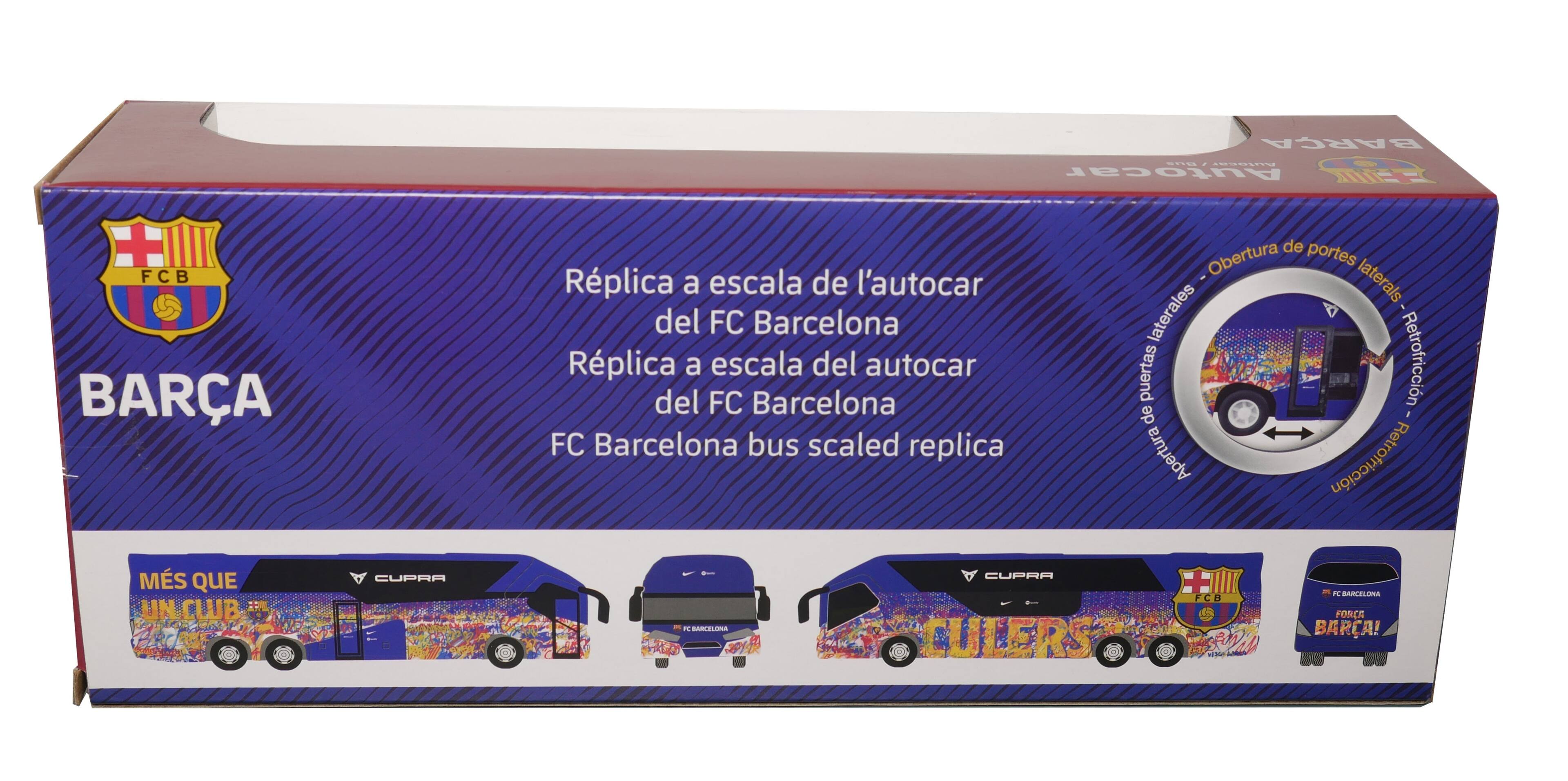 BARÇA  
Replica a escala de l'autocar del FC Barcelona  
Replica a escala del autocar del FC Barcelona  
FC Barcelona bus scaled replica  

MÉS QUE UN CLUB  
CUPRA  
CULERS  

Obertura portes laterals  
Retrofricció de Apertura  
Retrofricció  

FCB  
CUPRA  
CULERS  
BARÇA!  

FORÇA BARÇA!