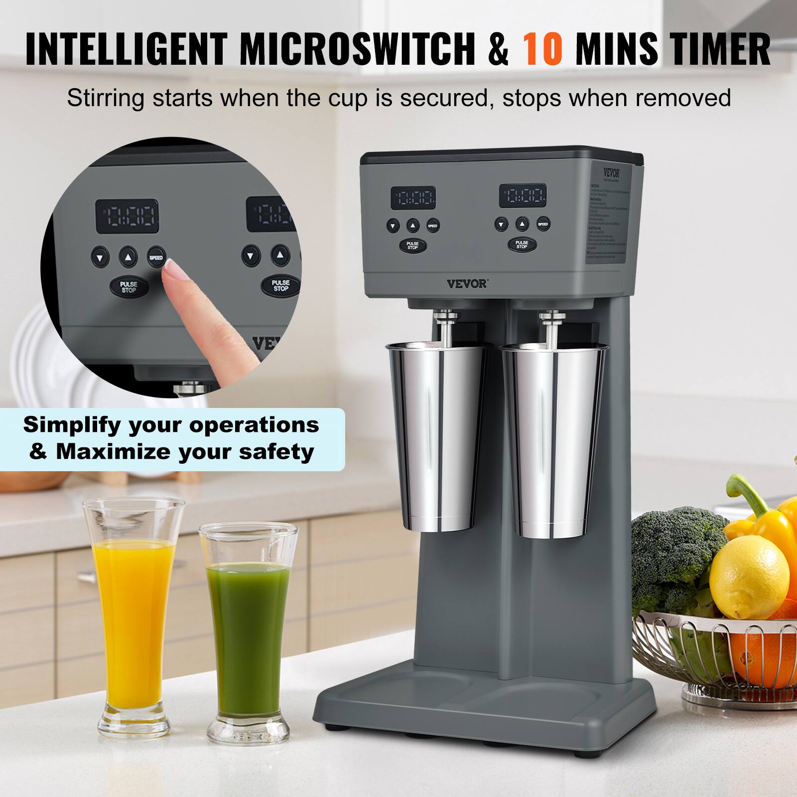 INTELLIGENT MICRO SWITCH & 10 MINS TIMER  
Stirring starts when the cup is secured, stops when removed  

VEVOR  
TOTAL I_H_O_I.  
1001 10.04.  
1  
F  
-  
PIZ  
PULLI =>  
Y  
SPEED  
PULSE STOP  
PULSE STOP  
VEVOR  
VE  

Simplify your operations & Maximize your safety