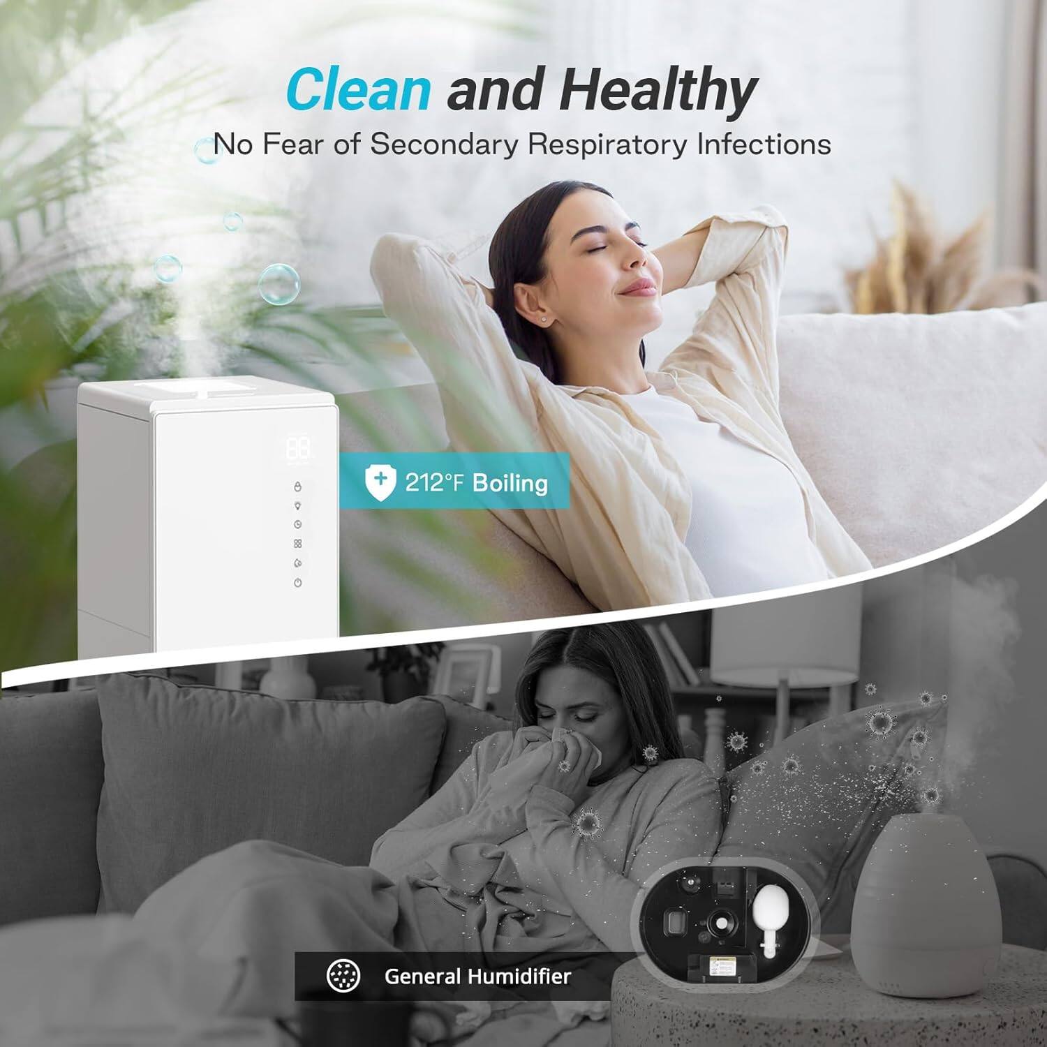 Clean and Healthy  
No Fear of Secondary Respiratory Infections  

212°F Boiling  

General Humidifier
