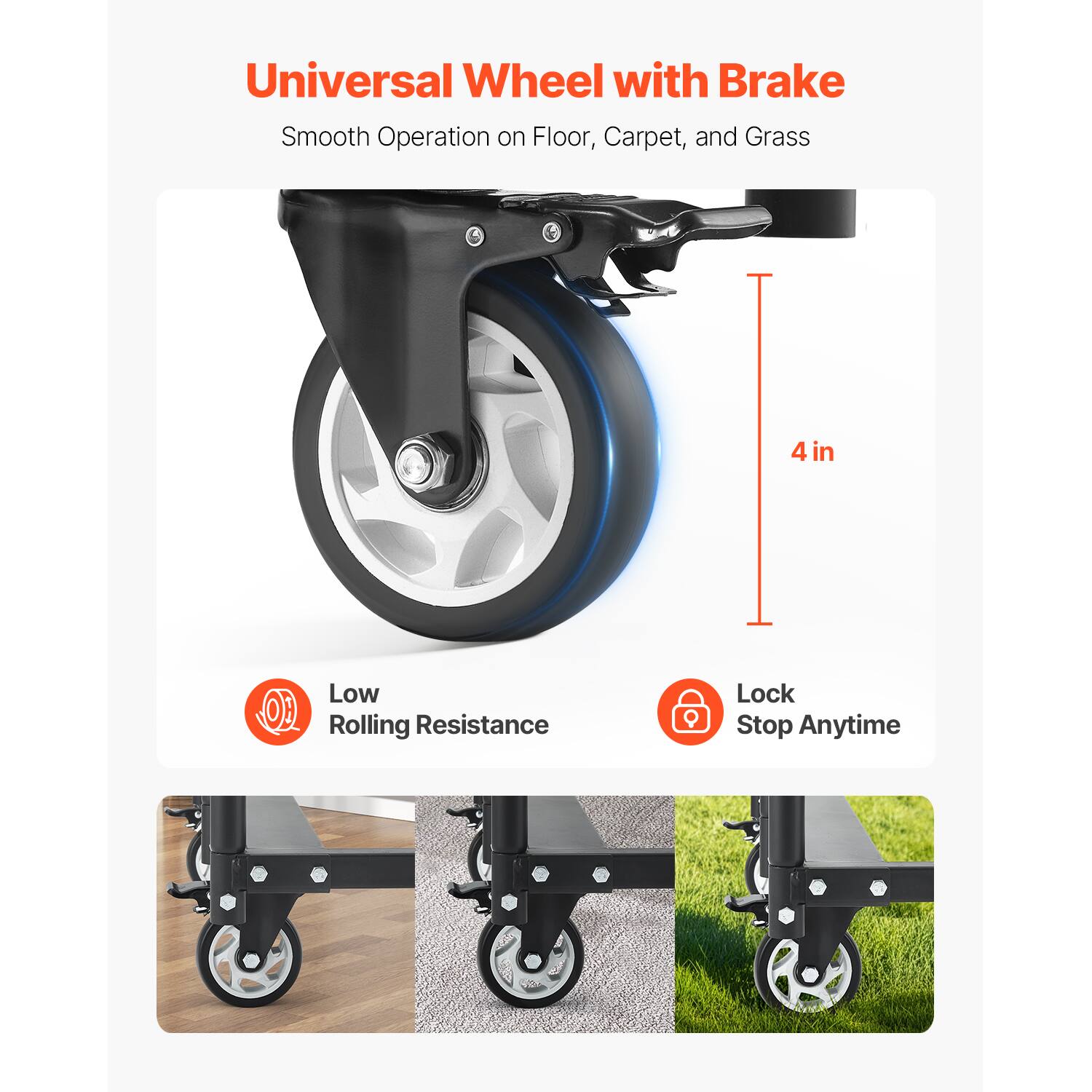Universal Wheel with Brake  
Smooth Operation on Floor, Carpet, and Grass  

4 in  

Low Rolling Resistance  
Lock Stop Anytime
