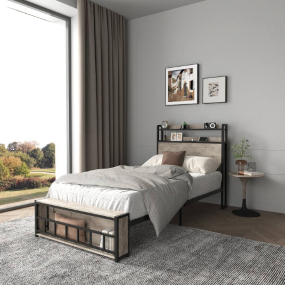 Angle. LUCKY ONE - Twin Size Bed Frame with Headboard, RGB LED Lights, USB Charging Station, Storage, No Box Spring Needed, Easy Assembly - Black+ Gray.