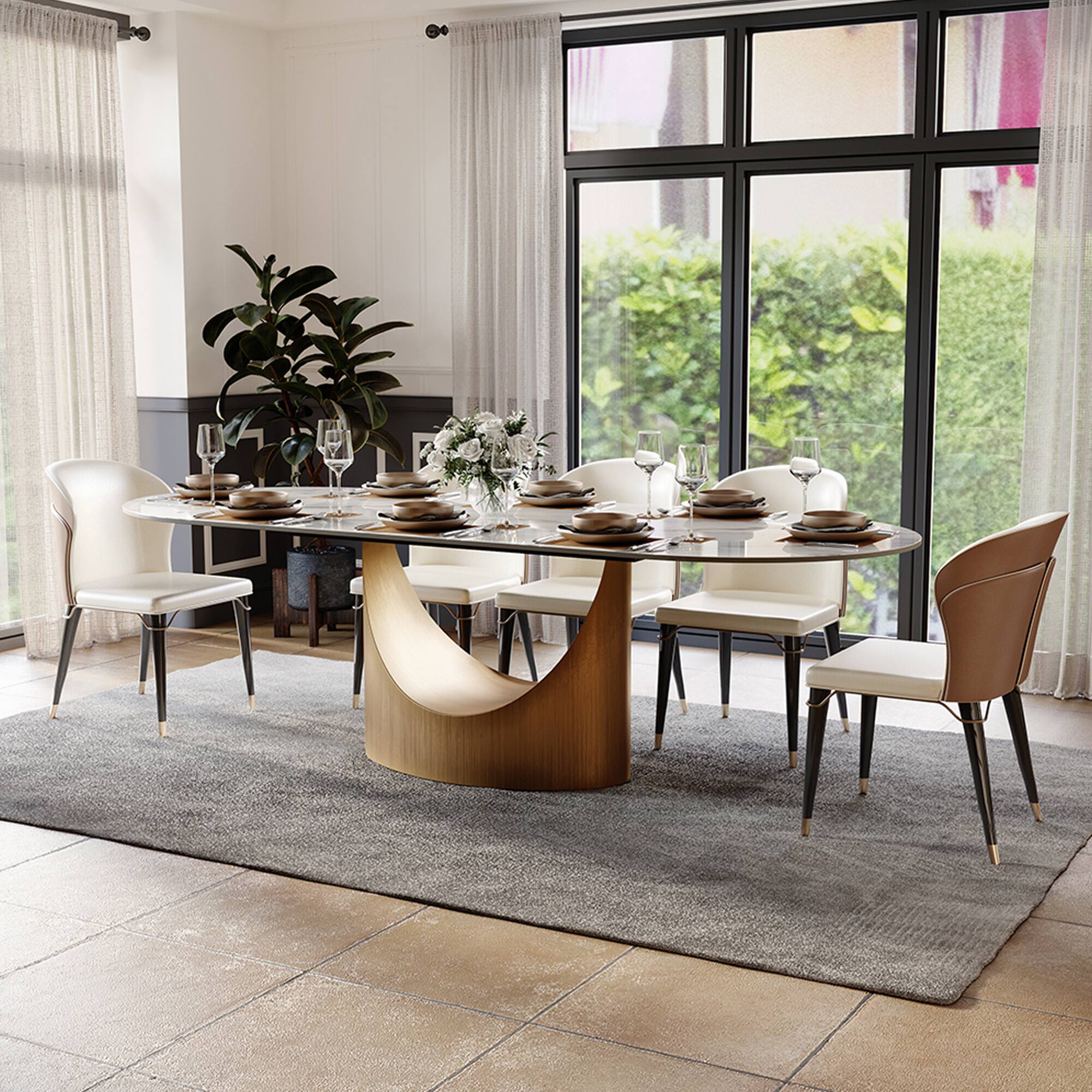Left. POVISON - 94"Hobart Modern Oval Dining Table for 8-10, White Oval Glossy Sintered Stone Kitchen Table, Bronze Carbon Steel Base - White.