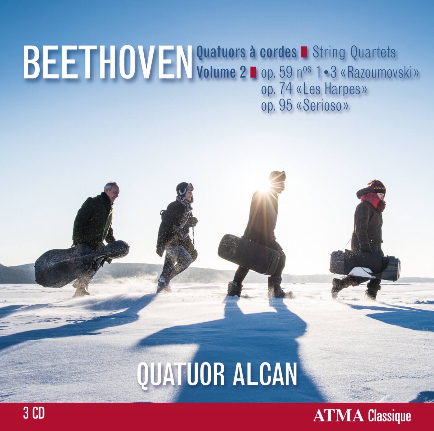 Quatuors à cordes  
String Quartets  
BEETHOVEN  
Volume 2  
op. 59 n°1 - 3 « Razoumovski »  
op. 74 « Les Harpes »  
op. 95 « Serioso »  

QUATUOR ALCAN  
3 CD  
ATMA Classique