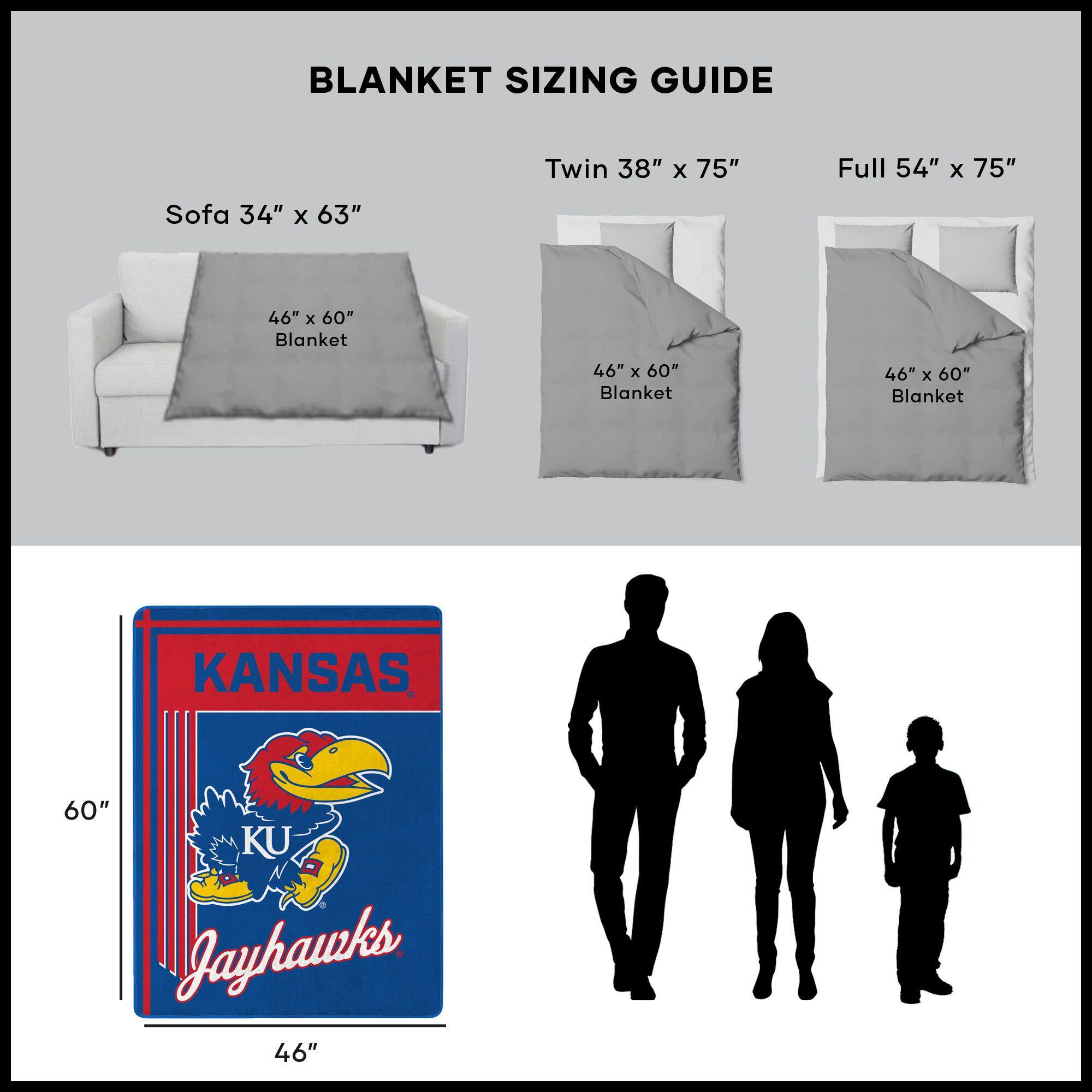 BLANKET SIZING GUIDE

Sofa 34" x 63"  
46" x 60" Blanket

Twin 38" x 75"  
46" x 60" Blanket

Full 54" x 75"  
46" x 60" Blanket

KANSAS  
60"  
46"  
KU Jayhawks