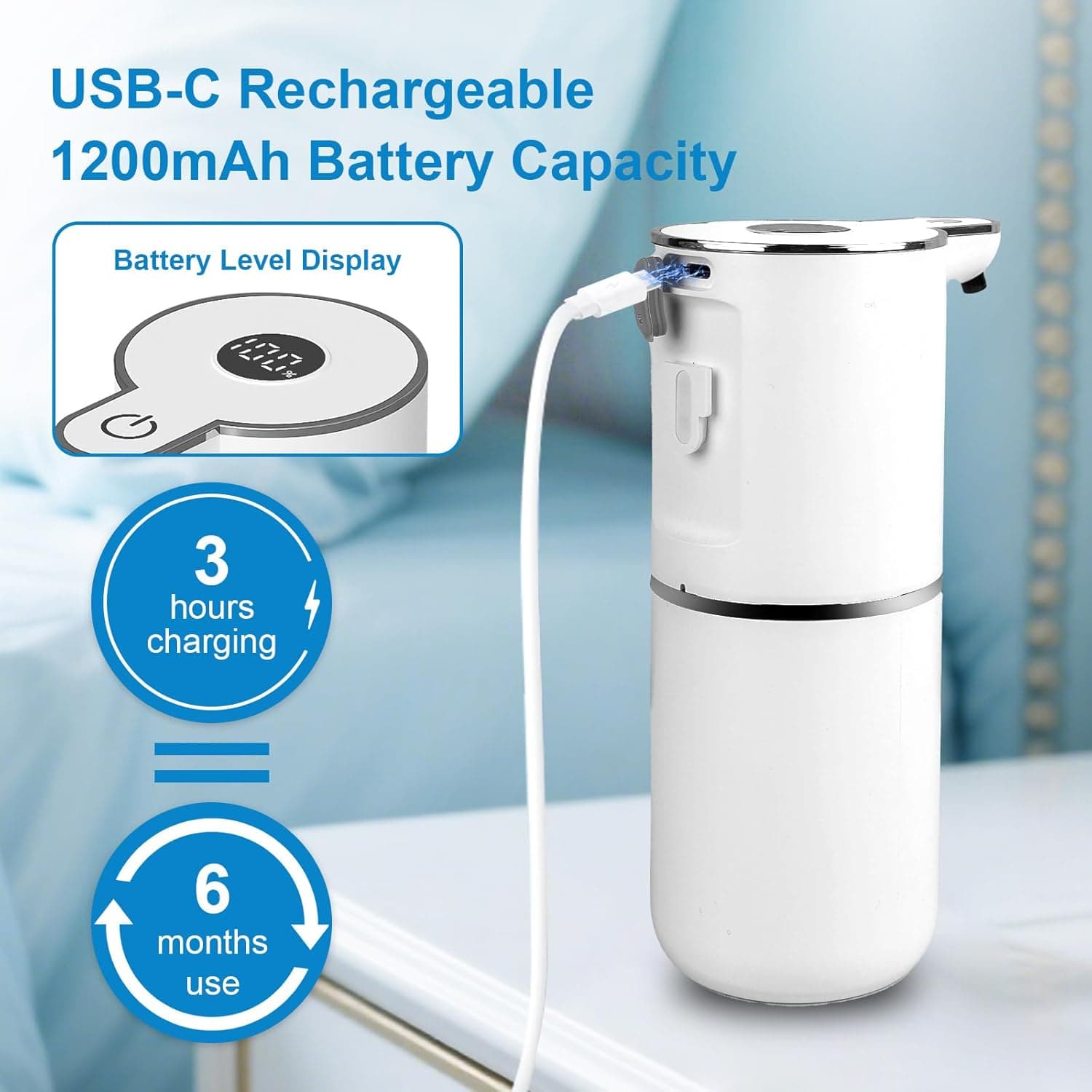 USB-C Rechargeable 1200mAh Battery Capacity  
Battery Level Display  
3 hours charging  
6 months use