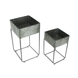 Zeckos - Set of 2 Galvanized Zinc Finish Square Metal Planters On Stands - Gray