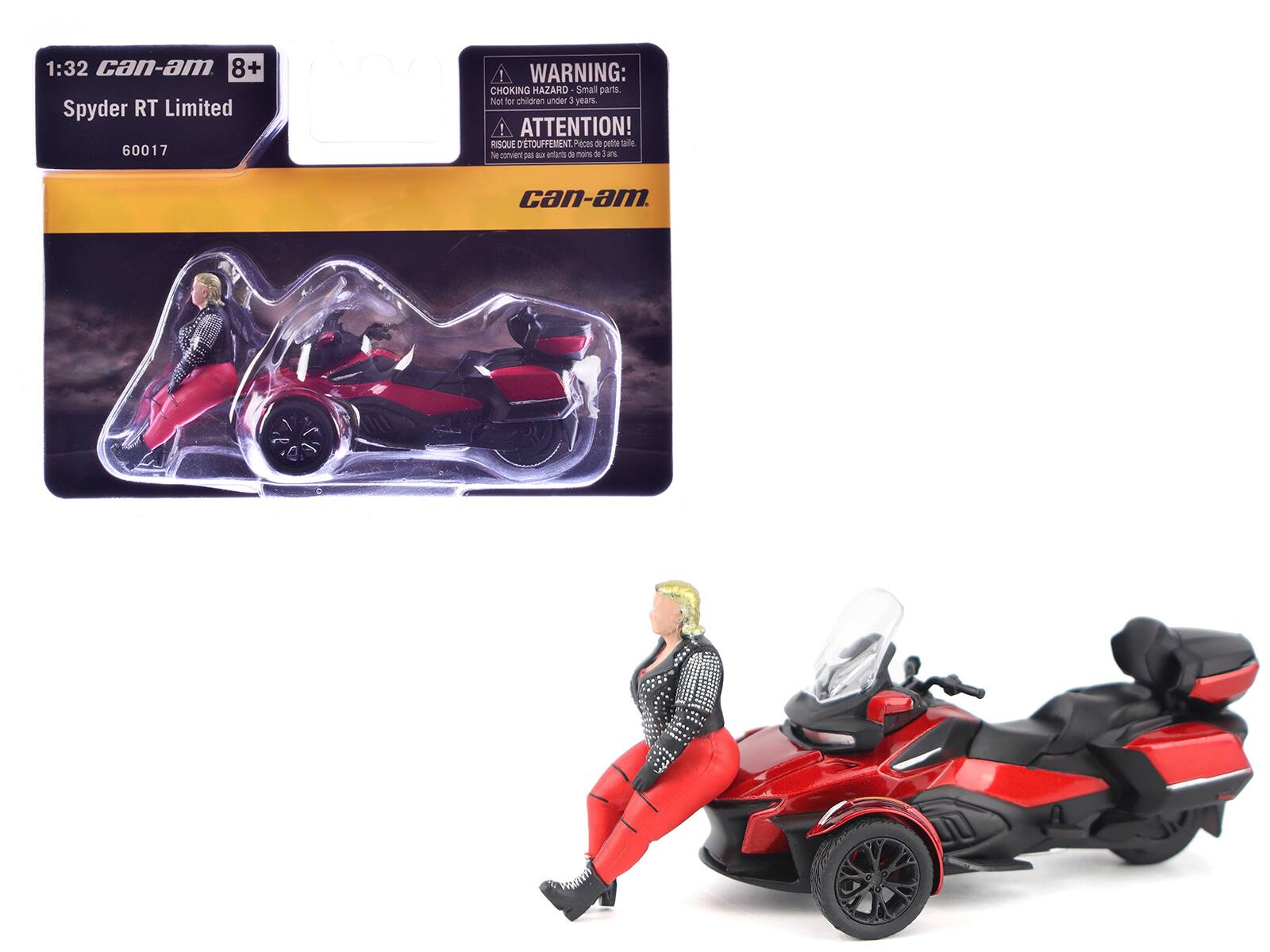 1:32 can-am  
8+  
Spyder RT Limited  
60017  

WARNING: CHOKING HAZARD - Small parts. Not for children under 3 years  
ATTENTION! RISQUE D'ÉTOUFFEMENT - Pièces de petite taille. Ne convient pas aux enfants de moins de 3 ans