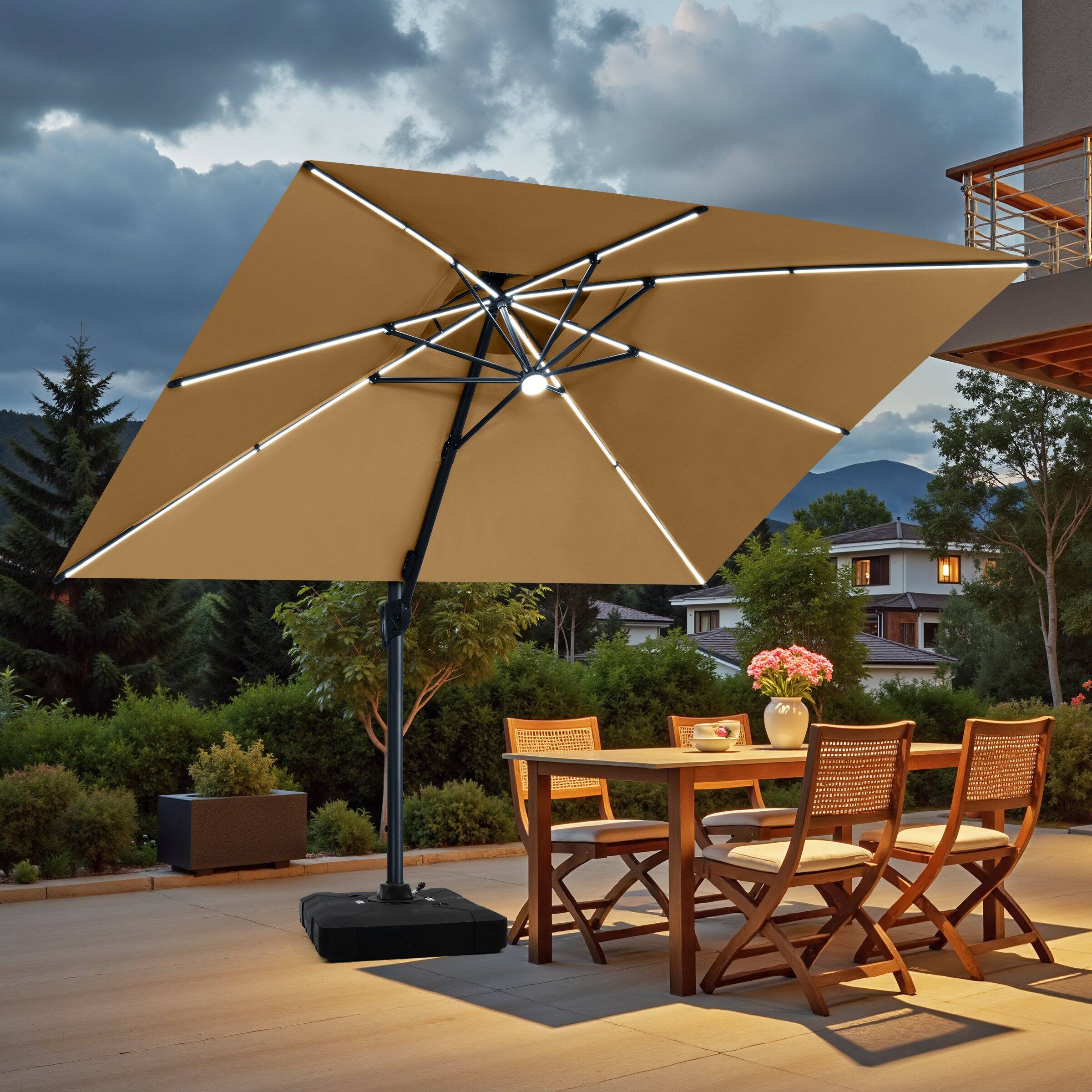 Back. Crestlive Products - Crestlive Products 13' Patio Offset Cantilever Umbrella 2-Tier Top With Solar-Lighted Strips 350lbs Wheel Base - tan.