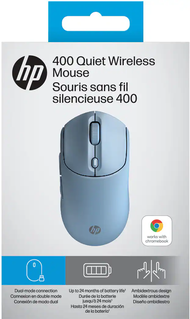 400 Quiet Wireless Mouse  
Souris sans fil silencieuse 400  

- Dual-mode connection  
  Connexion en double mode  
  Conexión de modo dual  

- Up to 24 months of battery life  
  Durée de la batterie jusqu'à 24 mois  
  Hasta 24 meses de duración de la batería  

- Ambidextrous design  
  Modèle ambidextre  
  Diseño ambidiestro  

works with chromebook