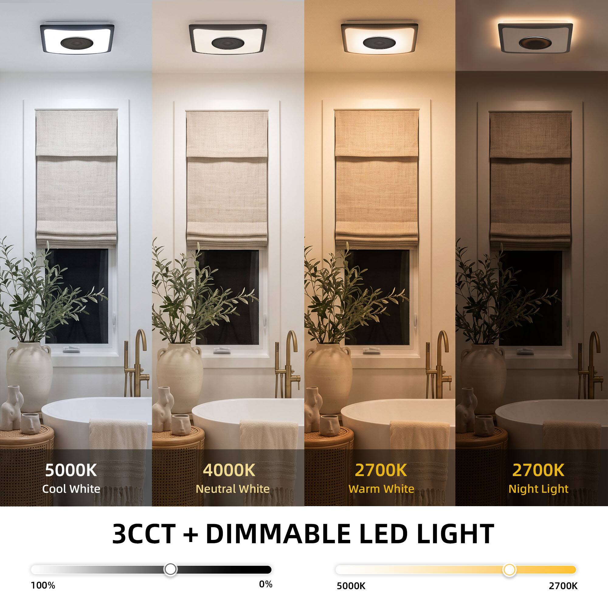 5000K Cool White  
4000K Neutral White  
2700K Warm White  
2700K Night Light  
3CCT + DIMMABLE LED LIGHT  
100%  
0%  
5000K  
2700K