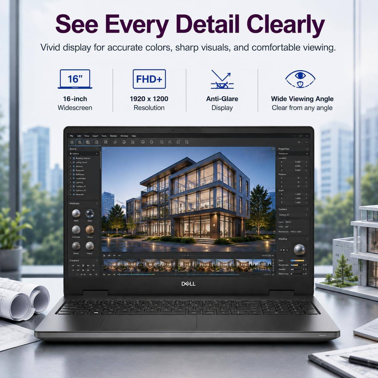 See Every Detail Clearly  
Vivid display for accurate colors, sharp visuals, and comfortable viewing.

16"  
16-inch Widescreen  
1920 x 1200 Resolution  
Anti-Glare Display  
Wide Viewing Angle Clear from any angle