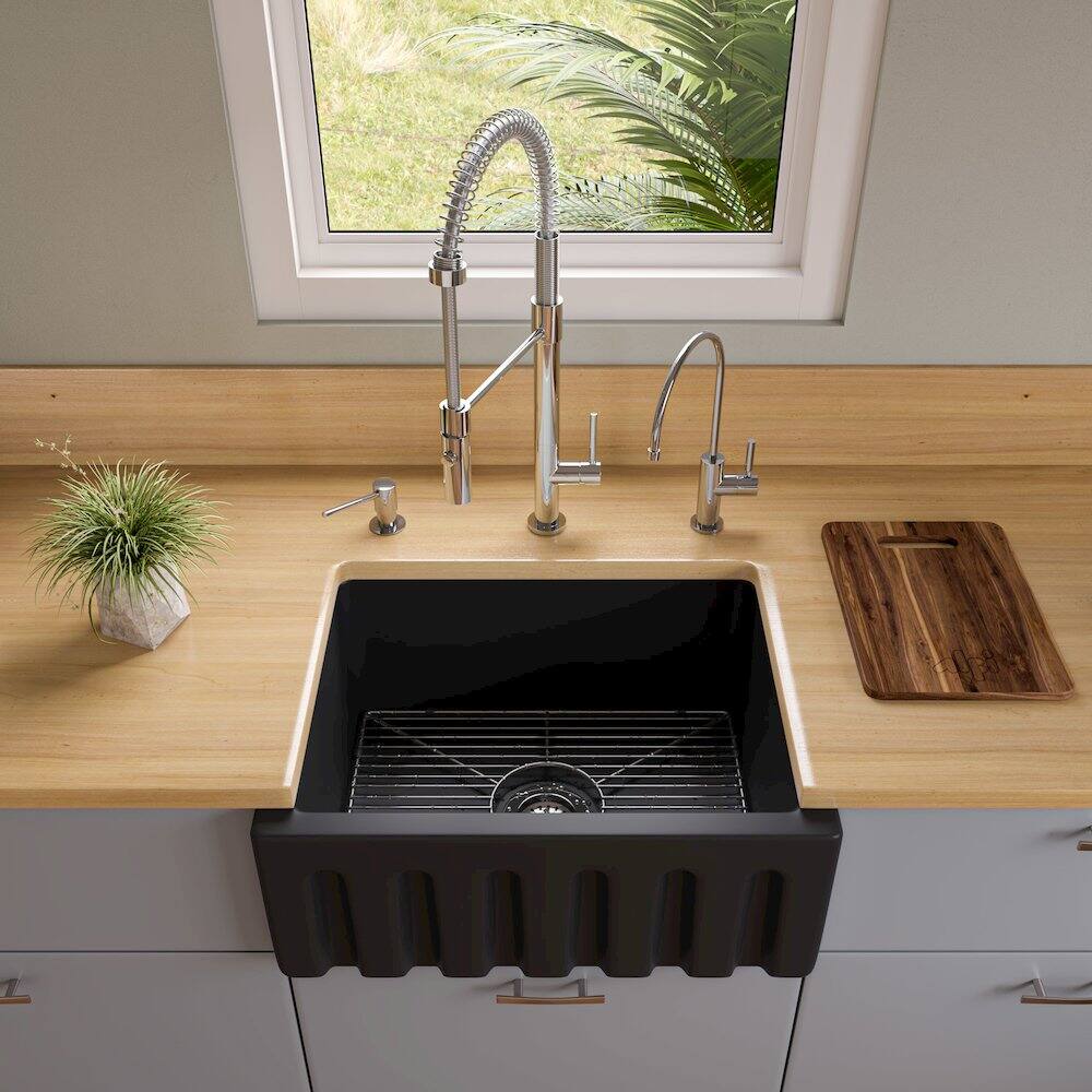 Alt View 1. Alfi - 24" Black Matte Reversible Smooth / Fluted Single Bowl Fireclay Farm Sink - Black.