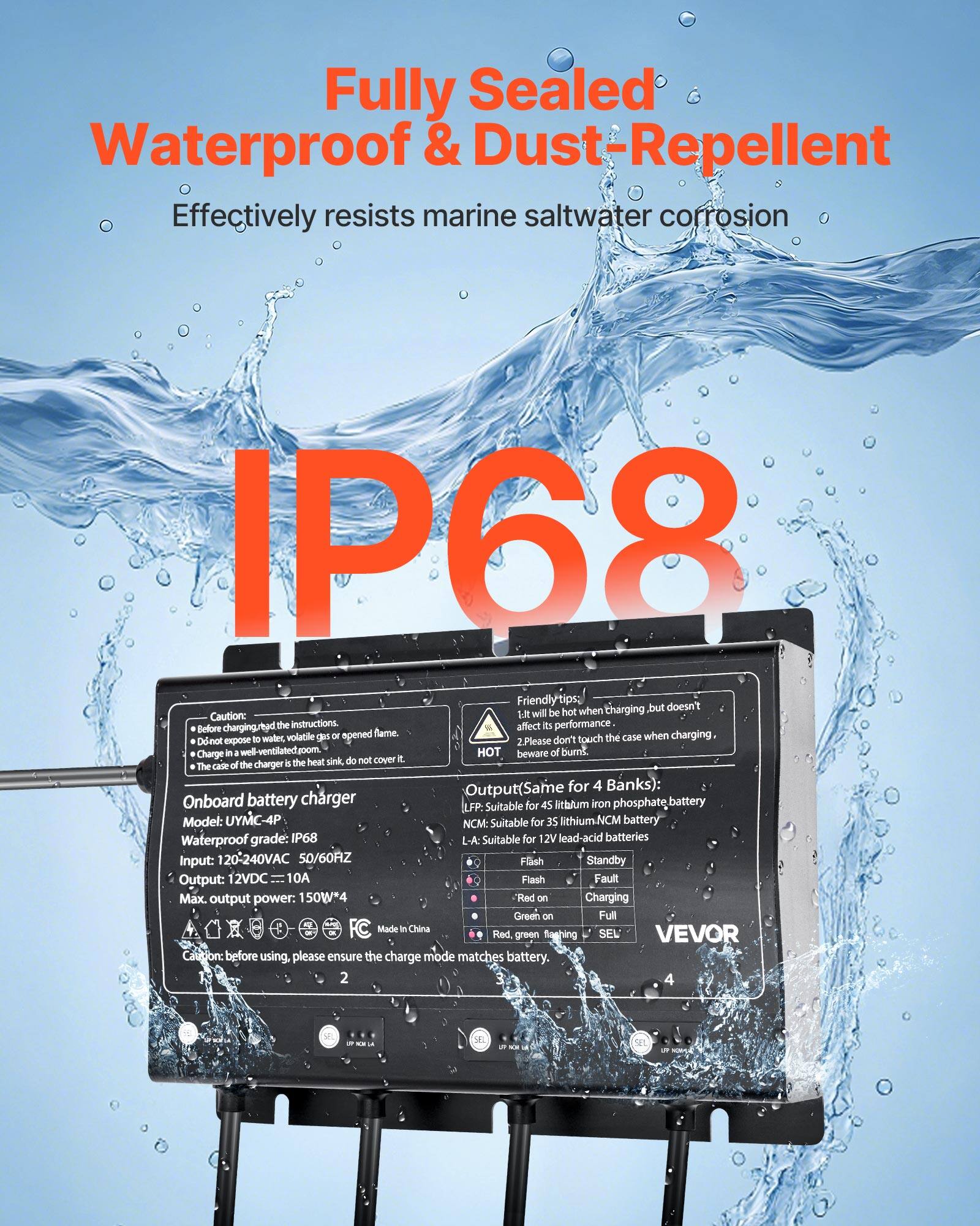 Fully Sealed Waterproof & Dust-Repellent  
Effectively resists marine saltwater corrosion  

IP68  

Friendly tips:  
1. It will be hot when charging, but doesn't affect its performance.  
2. Please don't touch the case when charging, beware of burns.  

Onboard battery charger  
Model: UYMC-4P  
Waterproof grade: IP68  
Input: 120-240VAC 50/60Hz  
Output: 12VDC 10A  
Max. output power: 150W*4  

Output (Same for 4 Banks):  
LFP: Suitable for 45 lithium/um Iron phosphate battery  
NCM: Suitable for 35 lithium NCM battery  
L-A: Suitable for 12V lead-acid batteries  

Flash Standby  
Flash Fault  
Red on Charging  
Green on Full  

Made in China  

Caution: before using, please ensure the charge mode matches battery.  

VEVOR