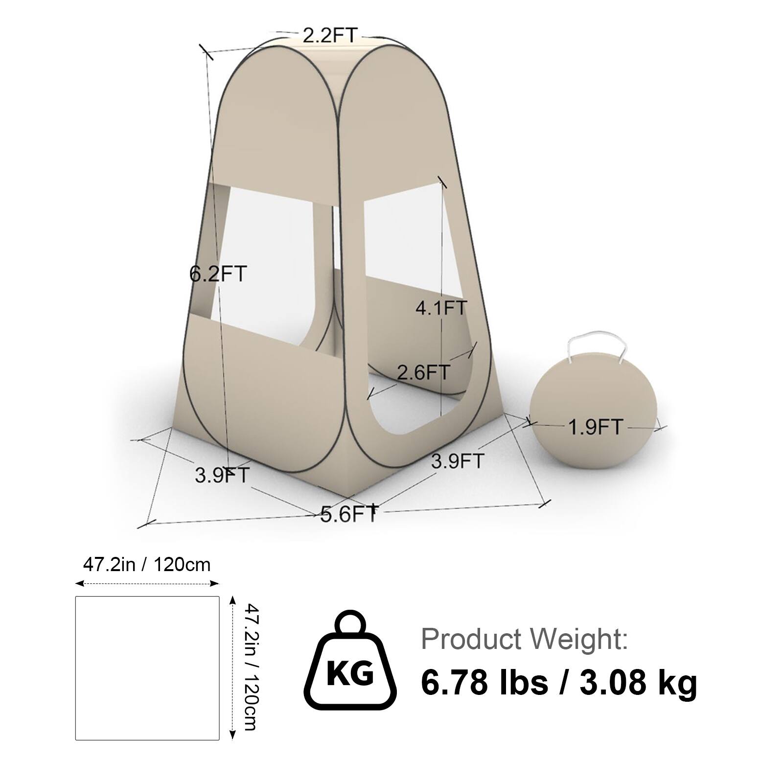 - 2.2FT
- 6.2FT
- 4.1FT
- 2.6FT
- 1.9FT
- 3.9FT
- 3.9FT
- 5.6FT

47.2in / 120cm

Product Weight: 6.78 lbs / 3.08 kg
