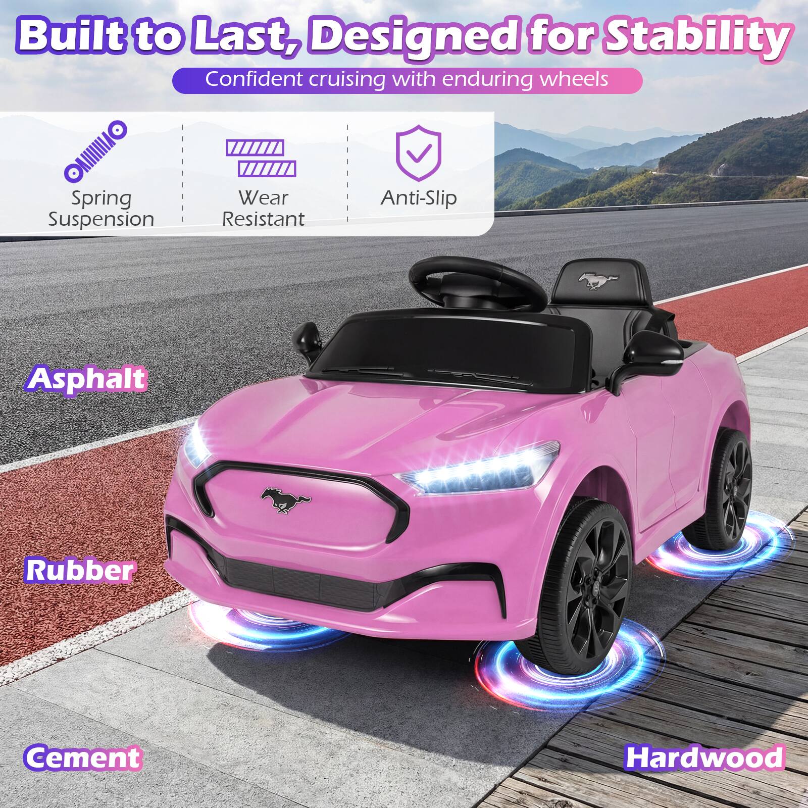 Built to Last, Designed for Stability  
Confident cruising with enduring wheels  

- Spring Suspension  
- Wear Resistant  
- Anti-Slip  

Asphalt  
Rubber  
Cement  
Hardwood