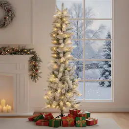 Sweet - 6ft Snow Flocked Pencil Christmas Tree, Prelighted Artificial Slim Christmas Trees with 250 Lights, Foldable Base - White Flocking