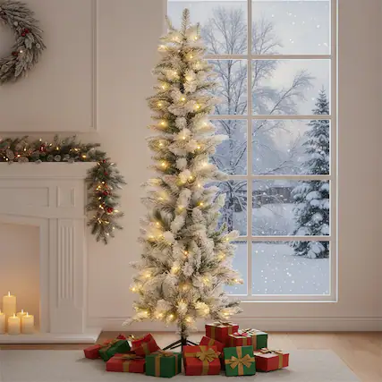 Front. Sweet - 6ft Snow Flocked Pencil Christmas Tree, Prelighted Artificial Slim Christmas Trees with 250 Lights, Foldable Base - White Flocking.