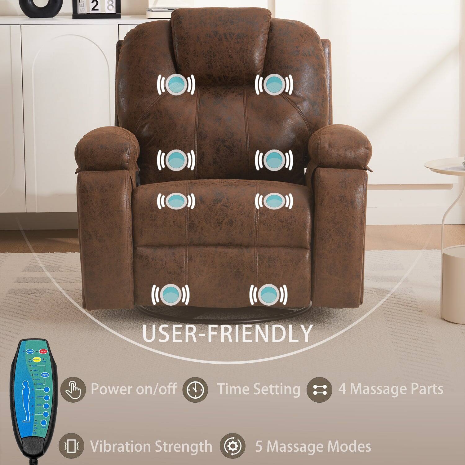 USER-FRIENDLY

- Power on/off
- Time Setting
- 4 Massage Parts
- Vibration Strength
- 5 Massage Modes