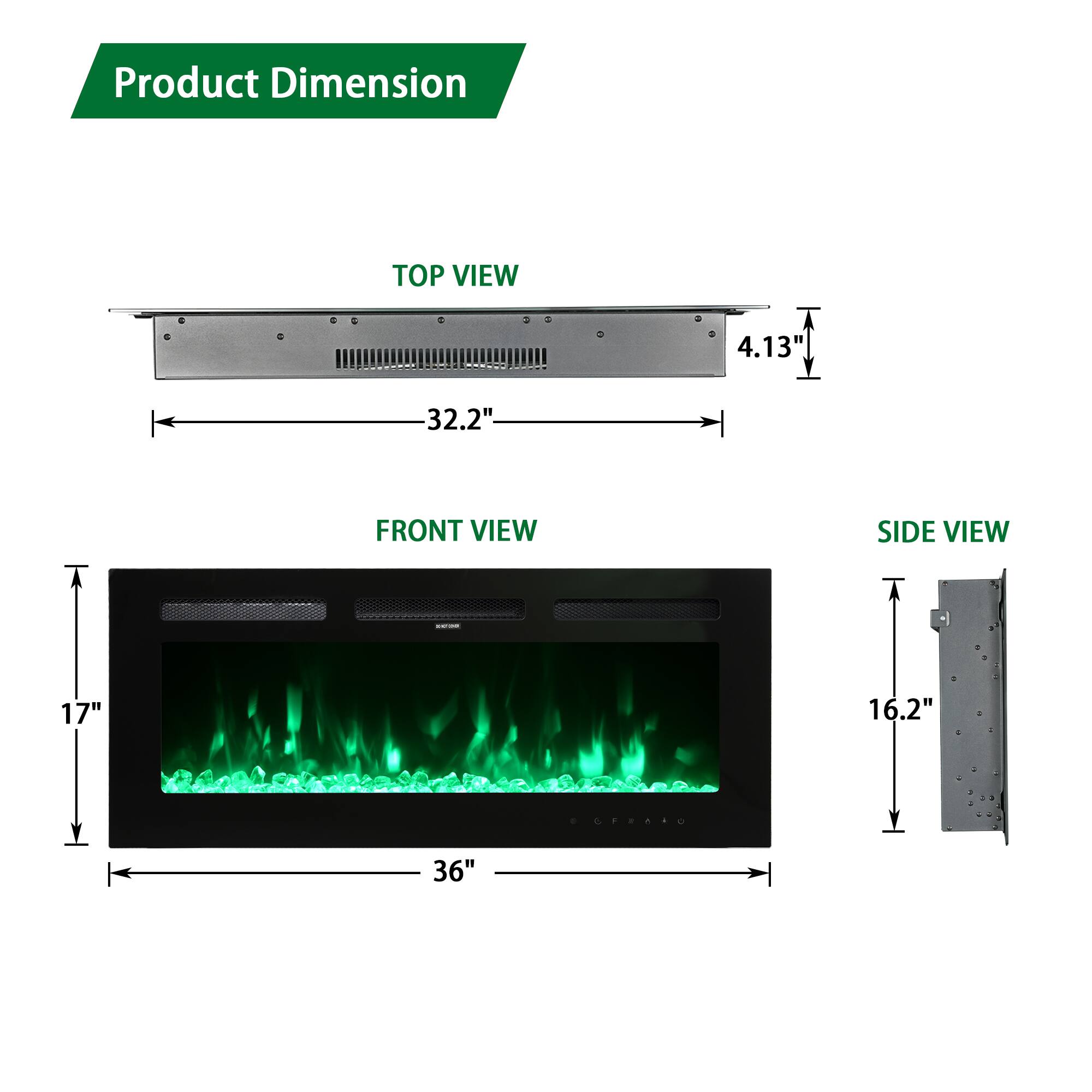 Product Dimension

TOP VIEW
- Length: 32.2"
- Height: 4.13"

FRONT VIEW
- Width: 36"
- Height: 17"

SIDE VIEW
- Depth: 16.2"