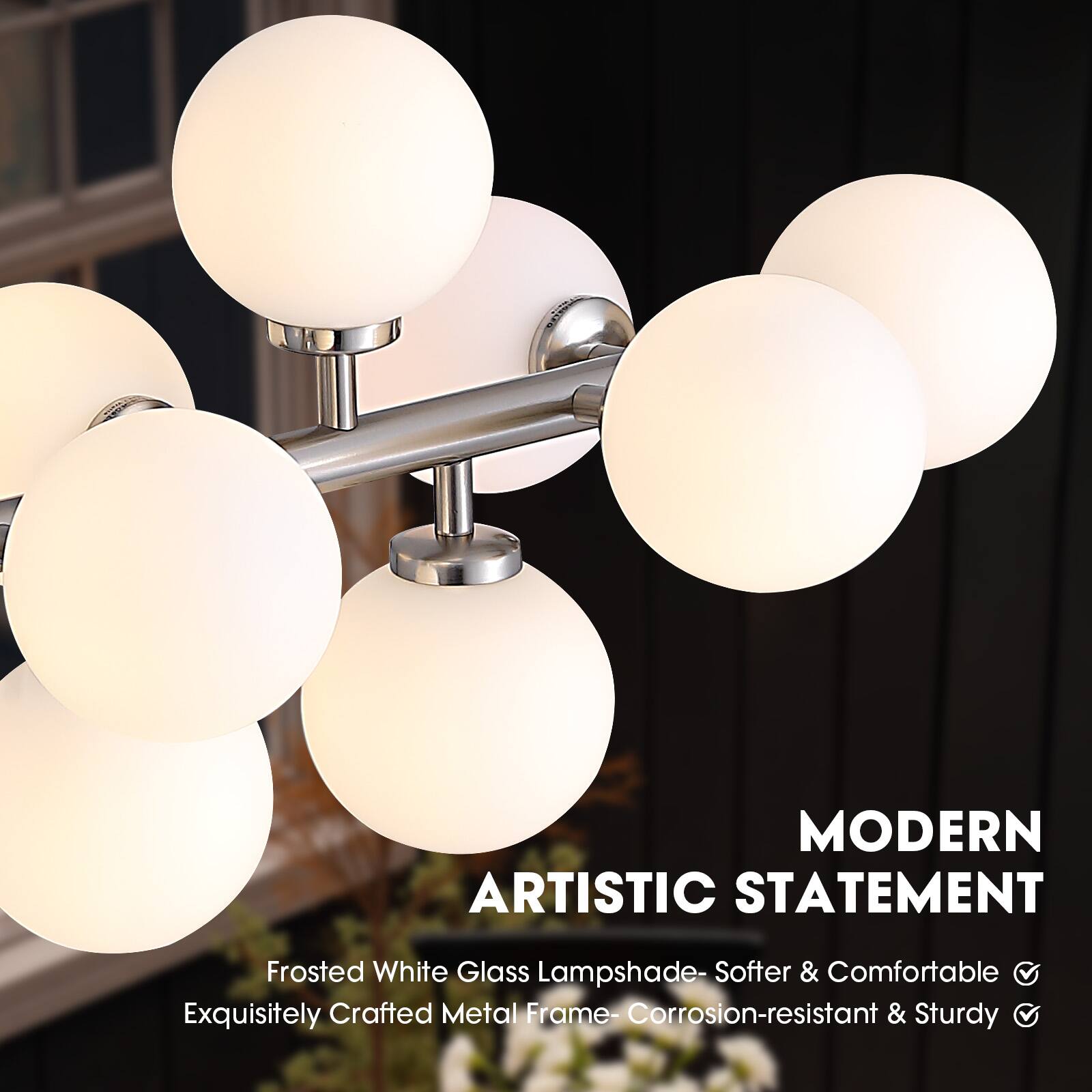 MODERN ARTISTIC STATEMENT

Frosted White Glass Lampshade - Softer & Comfortable  
Exquisitely Crafted Metal Frame - Corrosion-resistant & Sturdy