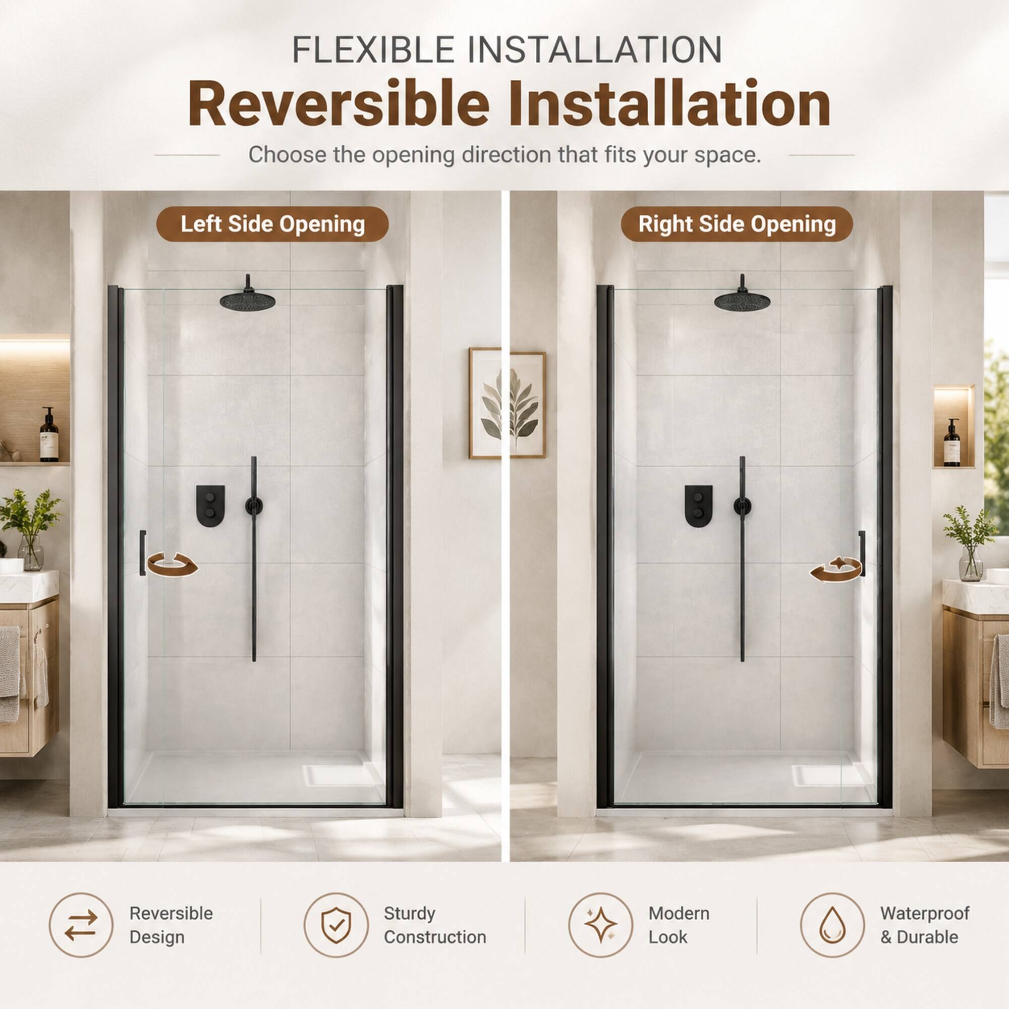 FLEXIBLE INSTALLATION  
Reversible Installation  
Choose the opening direction that fits your space.  

Left Side Opening  
Right Side Opening  

Reversible Design  
Sturdy Construction  
Modern Look  
Waterproof & Durable