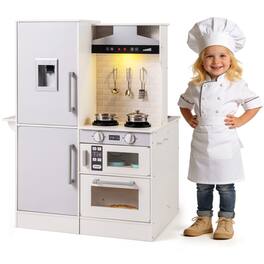 Gymax - Dual-Sided Kids Play Kitchen w/Water Dispenser Range Hood Microwave Lights - White