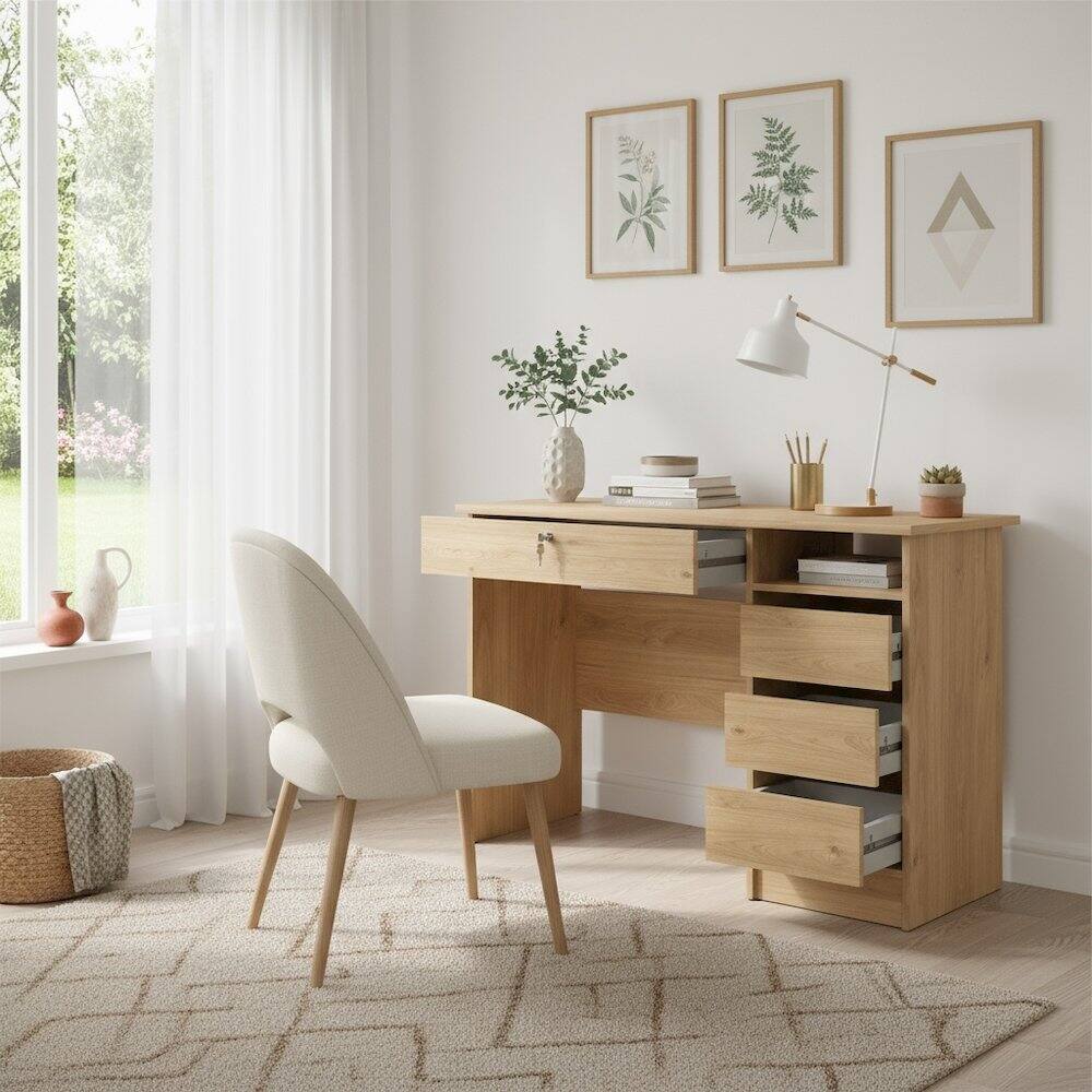 Angle. FurniFact - Home Office Desk with 4 Drawers and Open Shelf for Study Use - Brown.