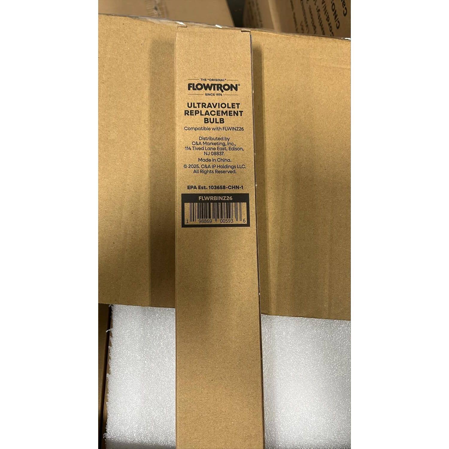 7 P CINO Ca ontog ord.Ni T7E URIINAL FLOWTRON SNIS N ULTRAVIOLET REPLACEMENT BULB Compatible with FLWINZ26 Distributed by CSA Marketing, inc. 114 Tived Lane East, Edison, NJ 08837. Made in China G 2025 C&A P Holdings LLC. All Rights Reserved EPA Est. 103658-CHN-1 FLWRBINZ26 1 Gda 00593 2