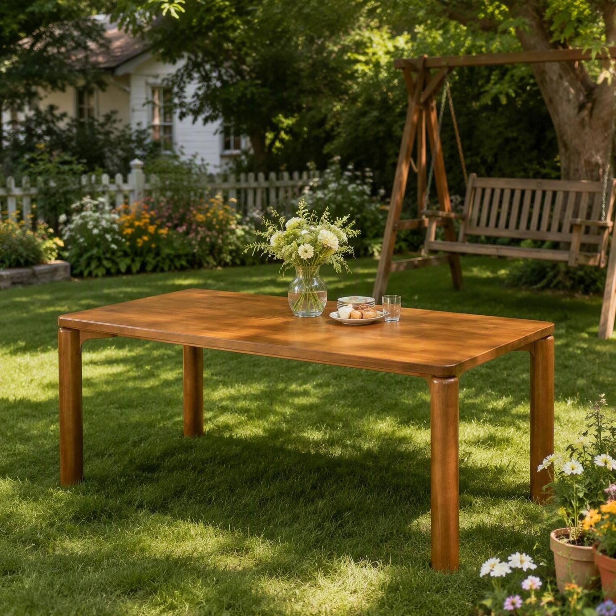 Alt View 2. RYHNUYNE - 70.28" Rubber Wood Dining Table, Walnut  Finish Rectangular Kitchen Table With Round Thick Legs for Outdoor - Walnut.
