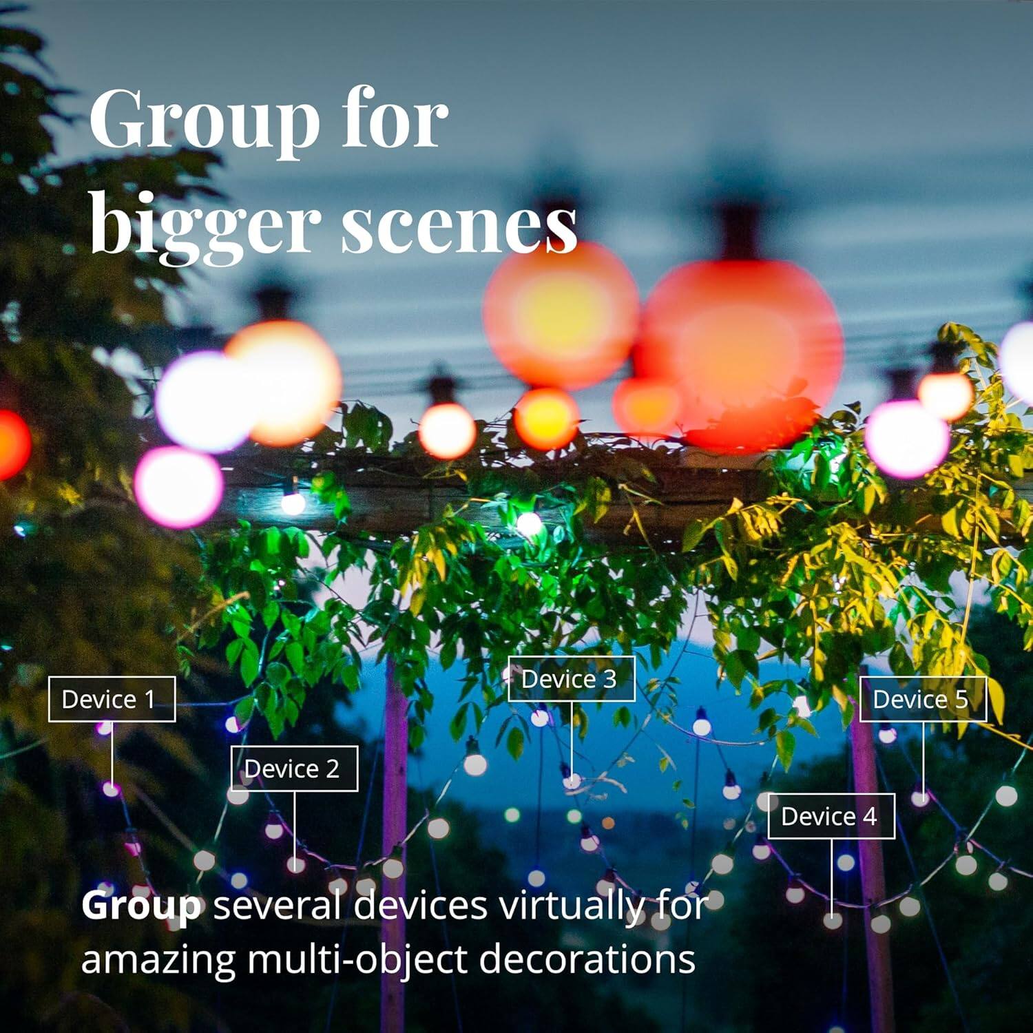 Group for bigger scenes

Device 1
Device 2
Device 3
Device 4
Device 5

Group several devices virtually for amazing multi-object decorations
