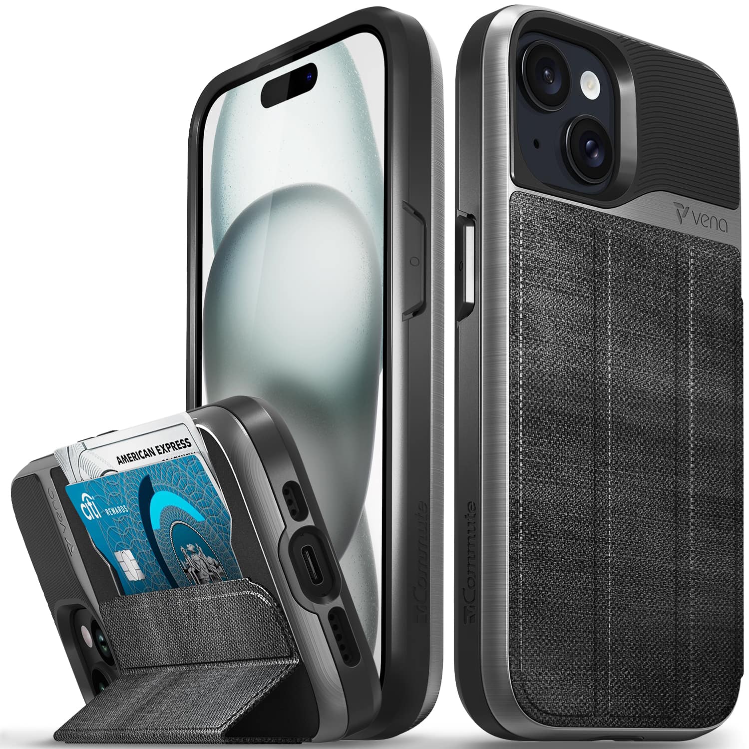 Vena - vCommute Wallet Case for Apple iPhone 15 - Flip Leather Cover Card Slot Holder with Kickstand - Slate - Black