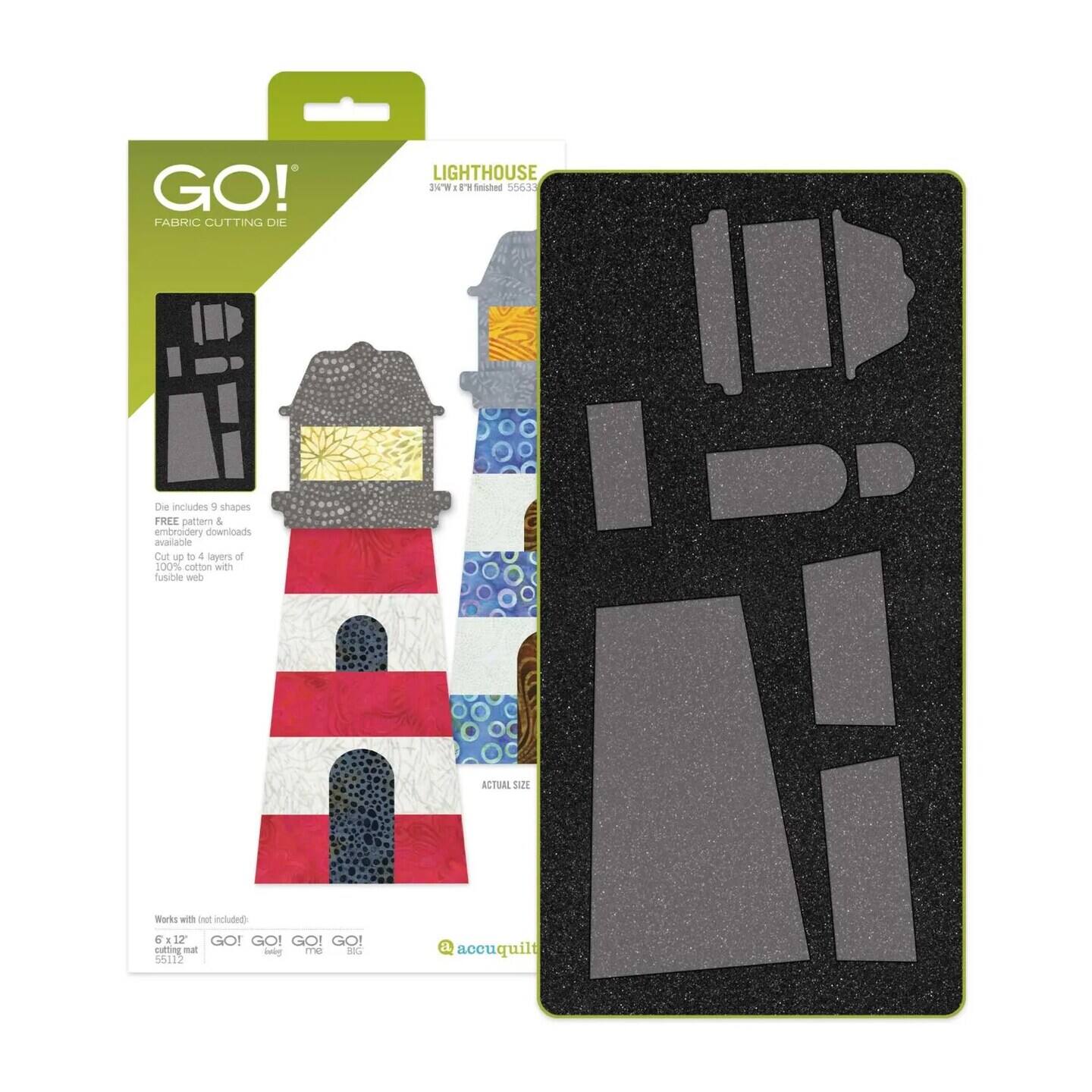 GO! FABRIC CUTTING DIE LIGHTHOUSE N Snisted 55630 Die includes 9 shapes FREE pattern & embroidery downloads available Cut up to 4 layers of 100% cotton with fusible web ACTUAL SIZE 5 x 12" GO! GO! GO! GO! Works with (not included): GO! GO! GO! surting mat - m BG 56112 accuquilt