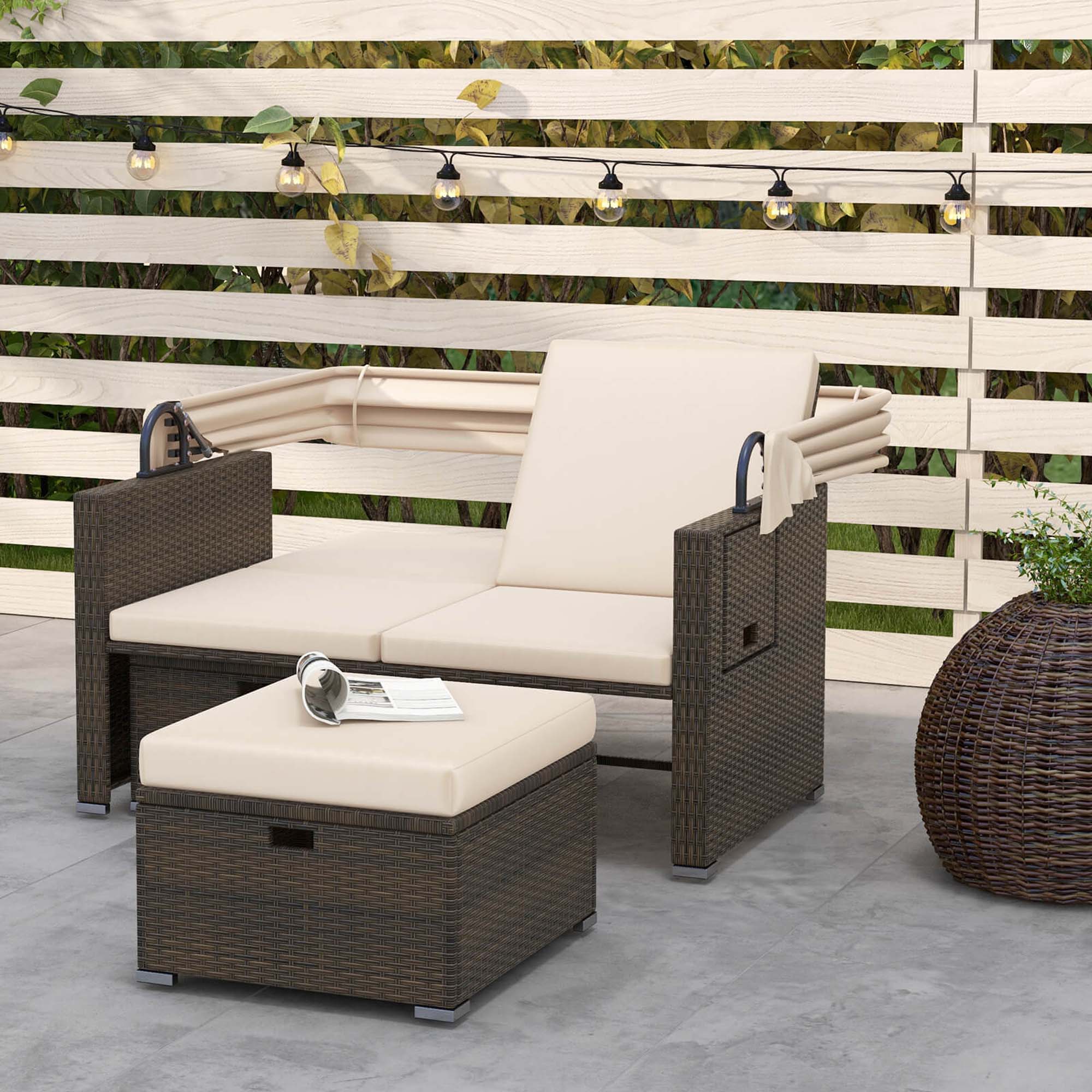 Alt View 3. Costway - Outdoor Patio Rattan Daybed with Retractable Canopy & Adjustable Backrests - Beige + Mix Brown.
