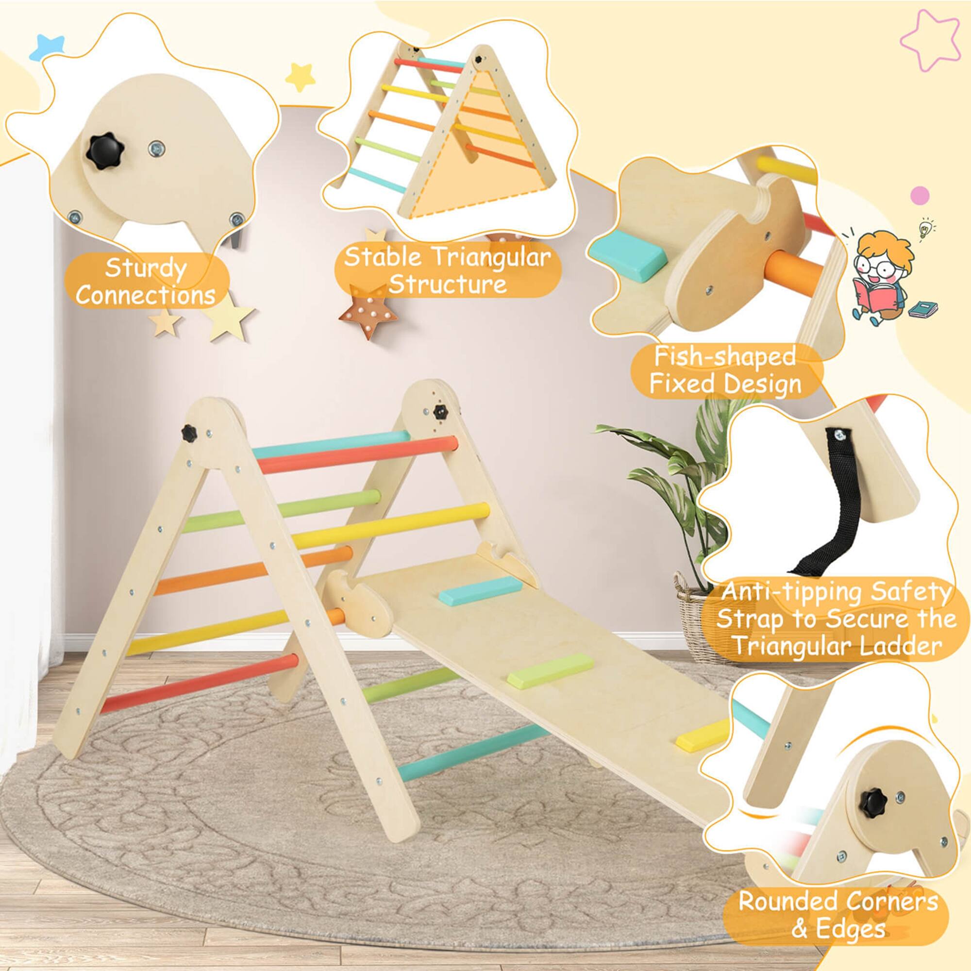 Sturdy Connections, Stable Triangular Structure, Fish-shaped Fixed Design, Anti-tipping Safety Strap to Secure the Triangular Ladder, Rounded Corners & Edges