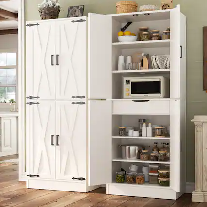 Front. Aheaplus - 71'' Tall Farmhouse Pantry Storage Cabinet with 4 Barn Doors and Drawer, Cupboard with Adjustable Shelves - White.