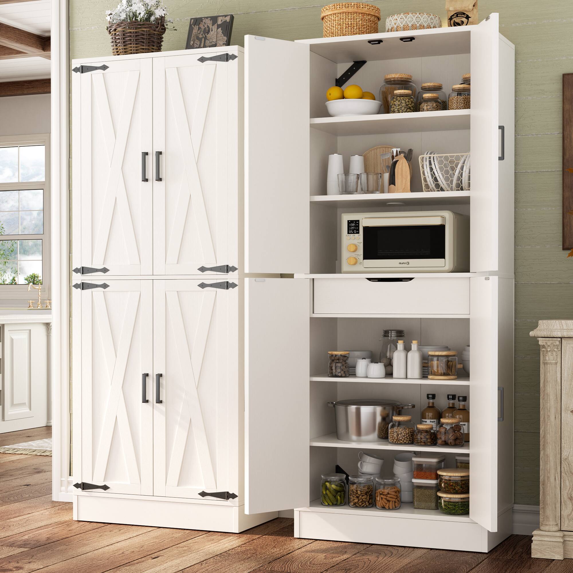 Front. Aheaplus - 71'' Tall Farmhouse Pantry Storage Cabinet with 4 Barn Doors and Drawer, Cupboard with Adjustable Shelves - White.