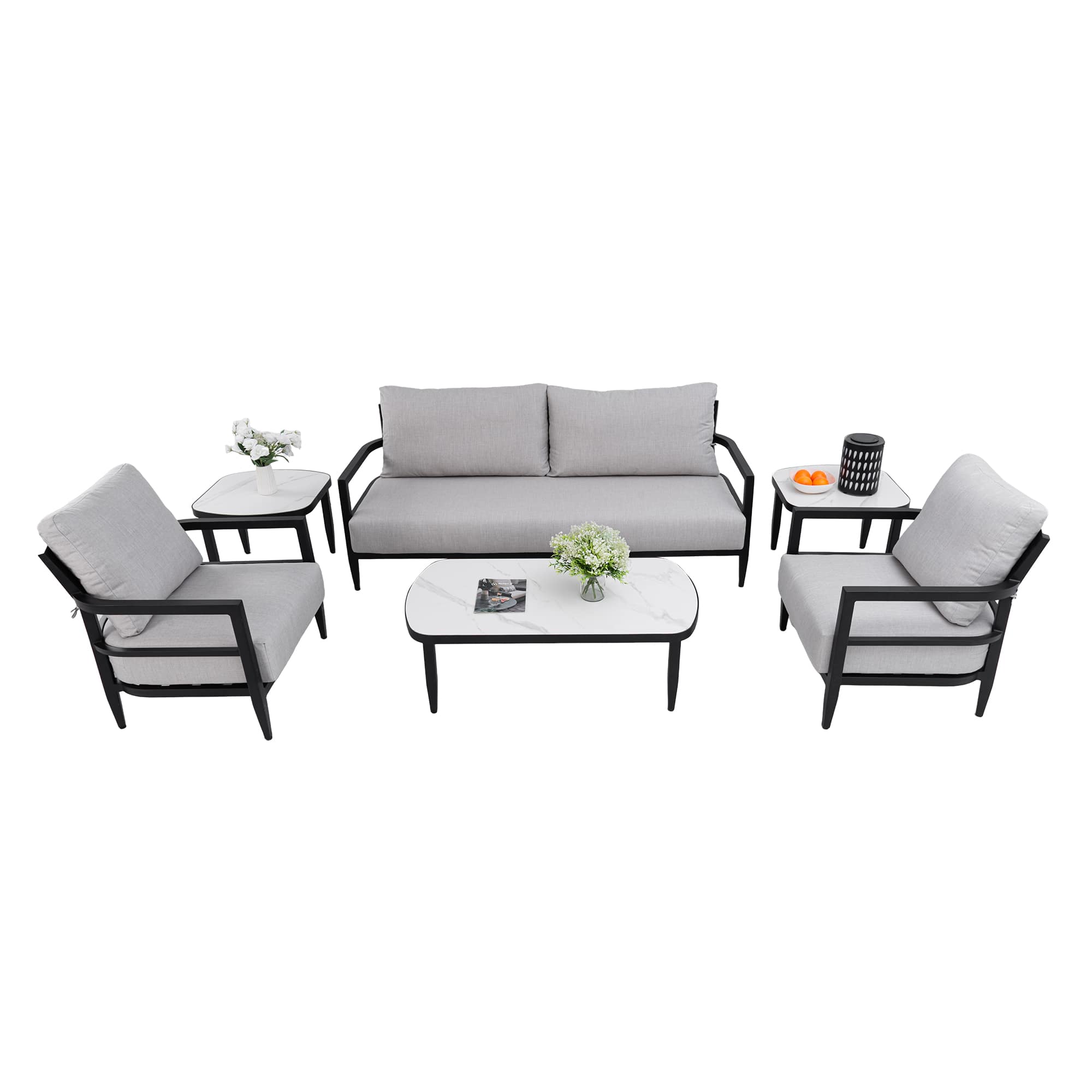 Mondawe - 6-Piece Outdoor Conversation Set with Fully Weld Club Chairs, Bench Sofa, Marble-Inspired Tables and Sunbrella Cushions - Ember Black+Grey
