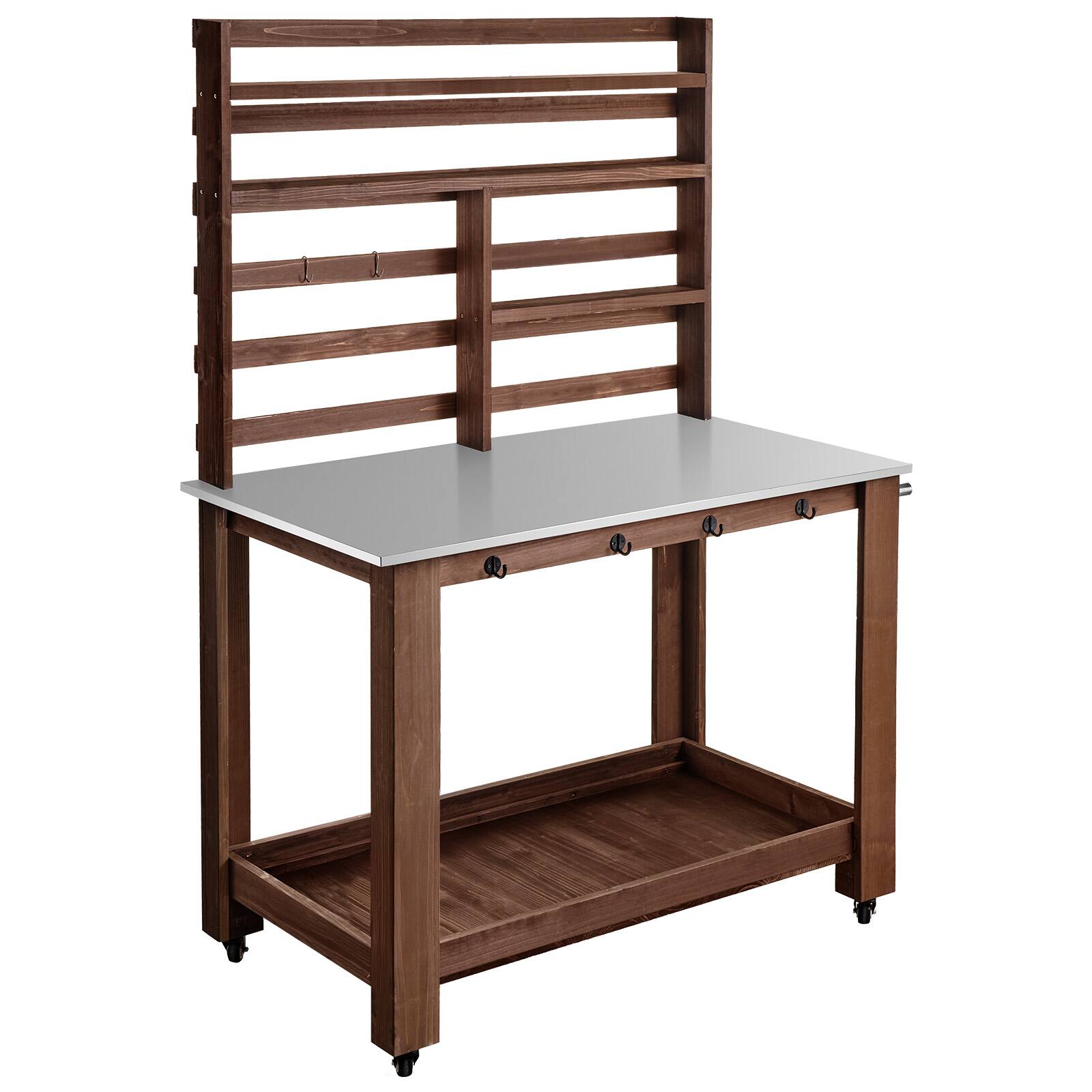 Alt View 5. VEVOR - Potting Bench Table, Outdoor Gardening Workstation with 45 x 26 in Stainless Steel Tabletop, Storage Shelves, 4 Casters - Dark brown.