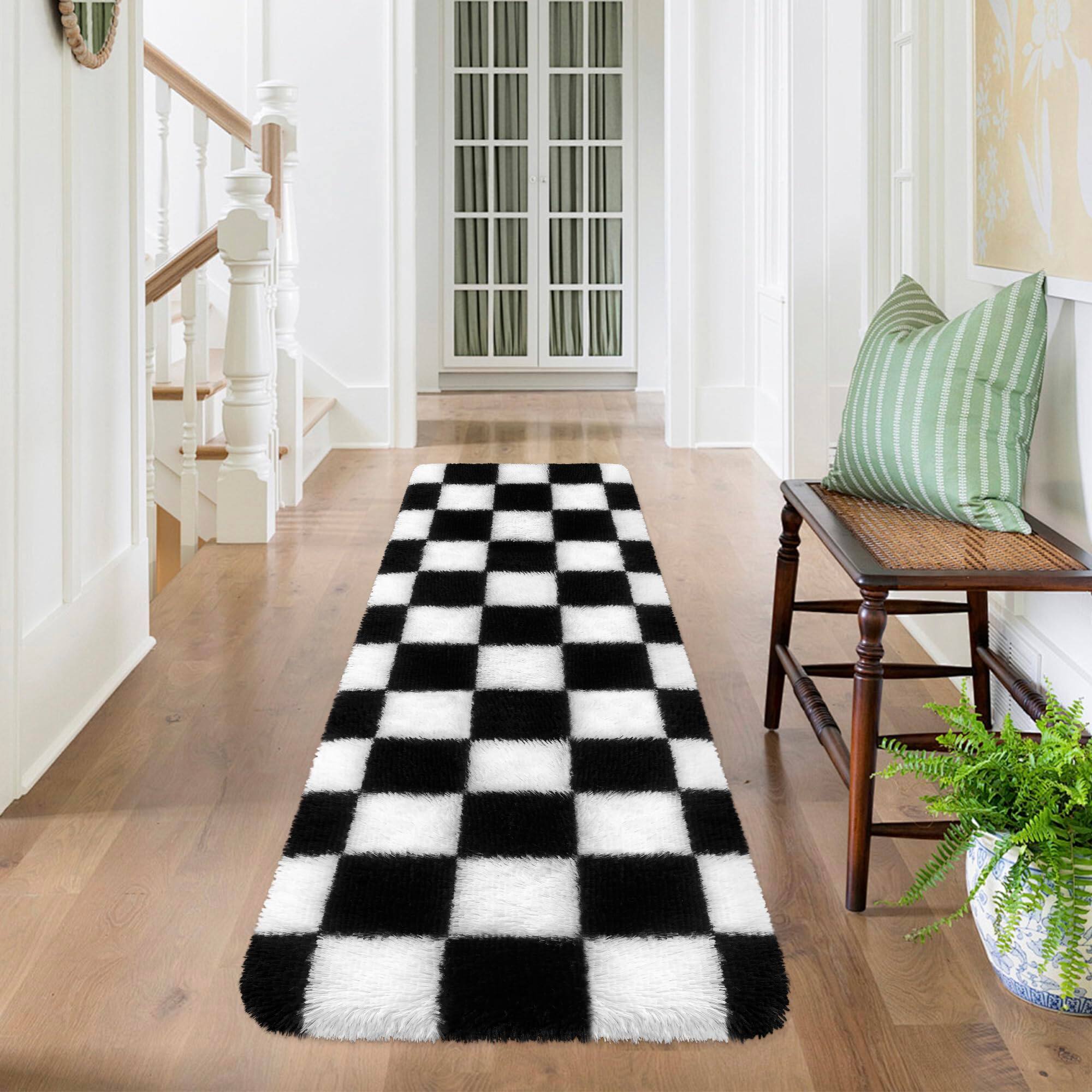 Alt View 5. Fabibe - Soft Fuzzy Fluffy Rug For Bedroom Living Room Black And White Checkered Shag Runner 2x6 Ft Hallway Plush Shaggy - Green and White-3' x 2' (Rectangular).