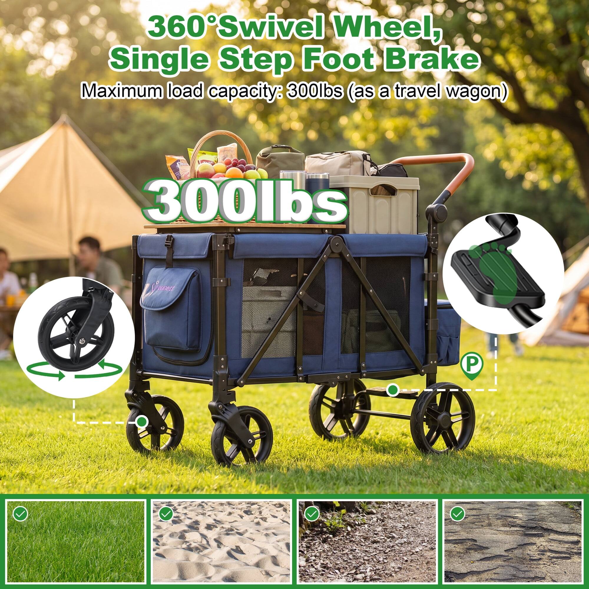 360° Swivel Wheel, Single Step Foot Brake  
Maximum load capacity: 300lbs (as a travel wagon)  
300lbs