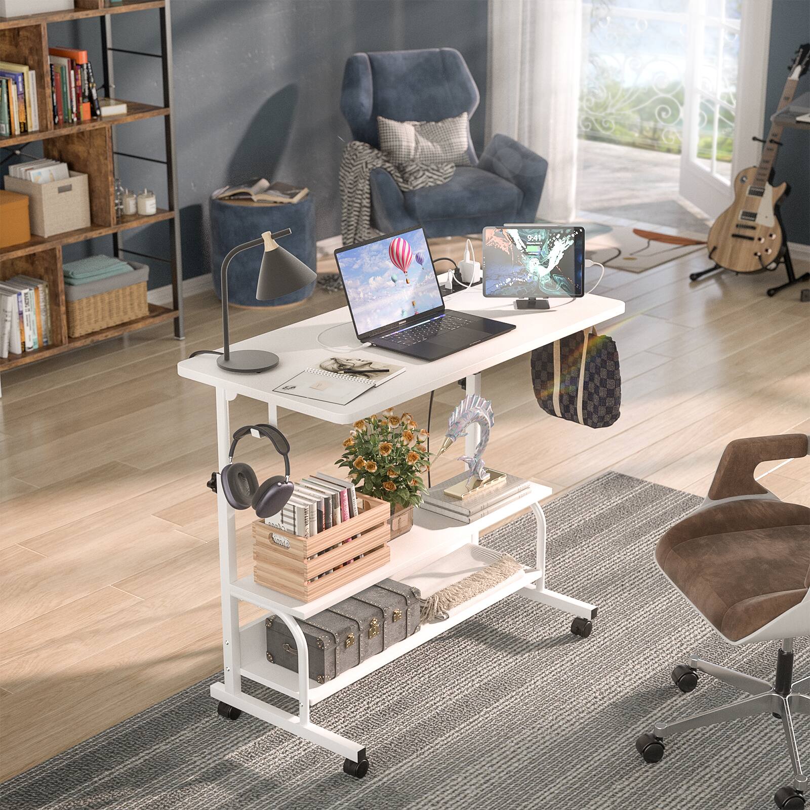 Alt View 2. Aheaplus - Small Height Adjustable Standing Desk with Power Outlets and Shelves, Max Height 41 Inches - White.