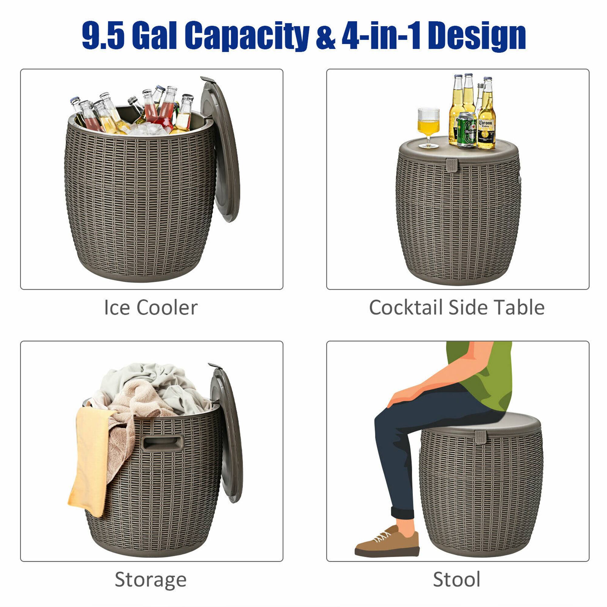 9.5 Gal Capacity & 4-in-1 Design

- Ice Cooler
- Cocktail Side Table
- Storage
- Stool