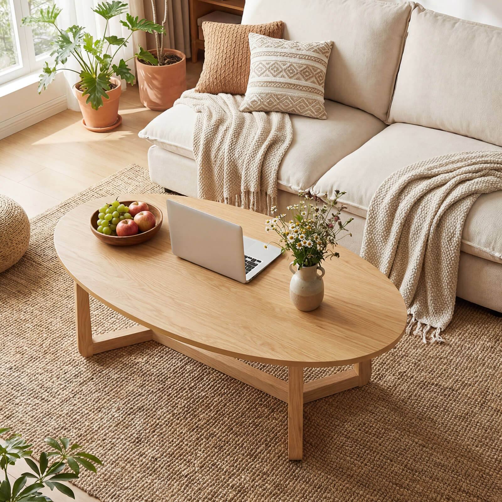 Alt View 4. Costway - Costway 46" Oval Coffee Table with Thickened Top & Solid Rubber Wood Frame for Living Room - Natural.