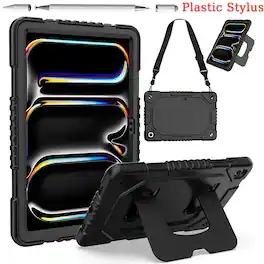 Dteck - Case for Samsung Galaxy Tab A11+ 11" 2025 & Tab A9+ (2023),Shockproof Stand Cover with Shoulder Strap+1x Plastic Stylus - Black