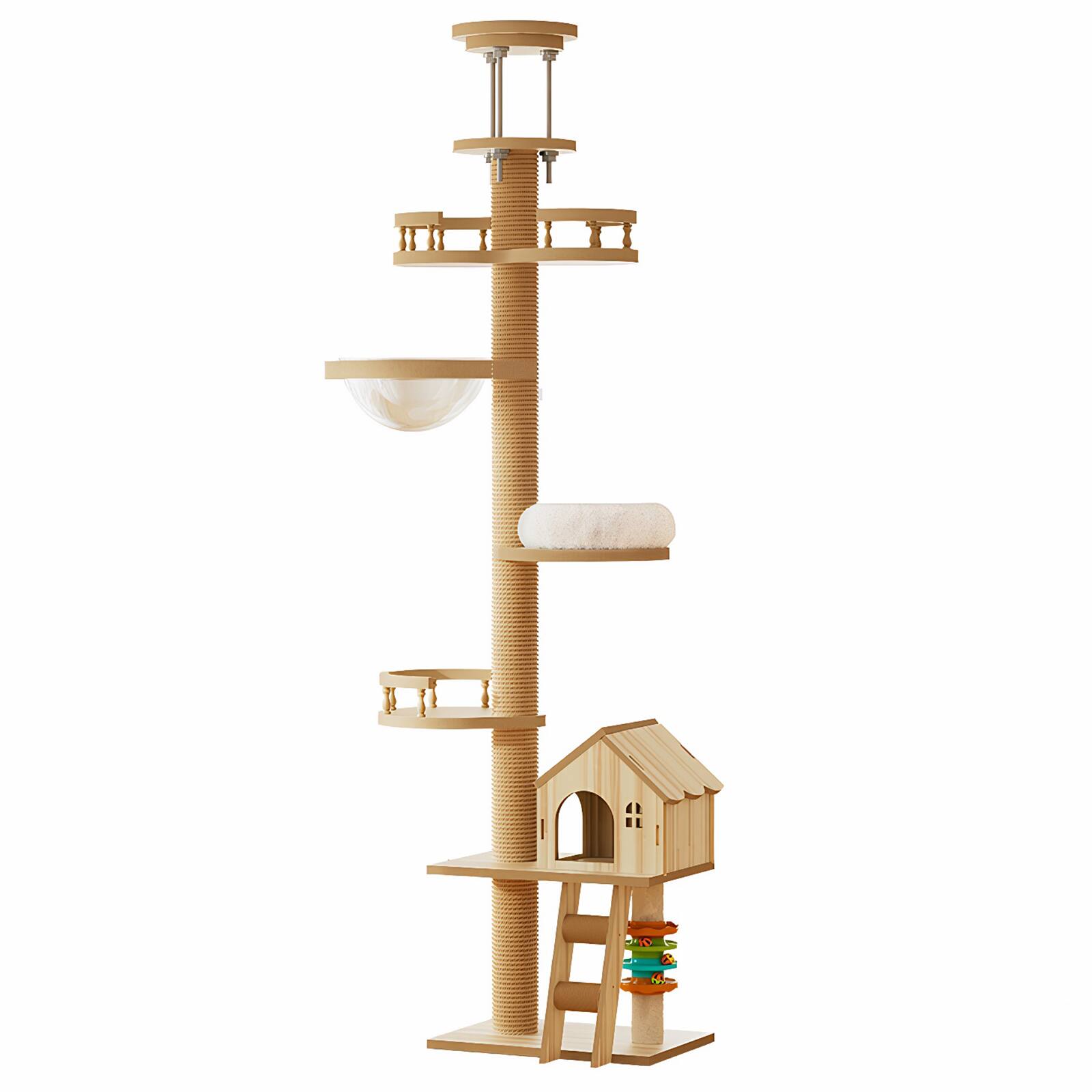 Alt View 4. Siljoy - Floor to Ceiling Cat Tree, Adjustable Height 98-110 Inch Cat Tower with Scratching Post, Wood Condo Bed & Hammock.