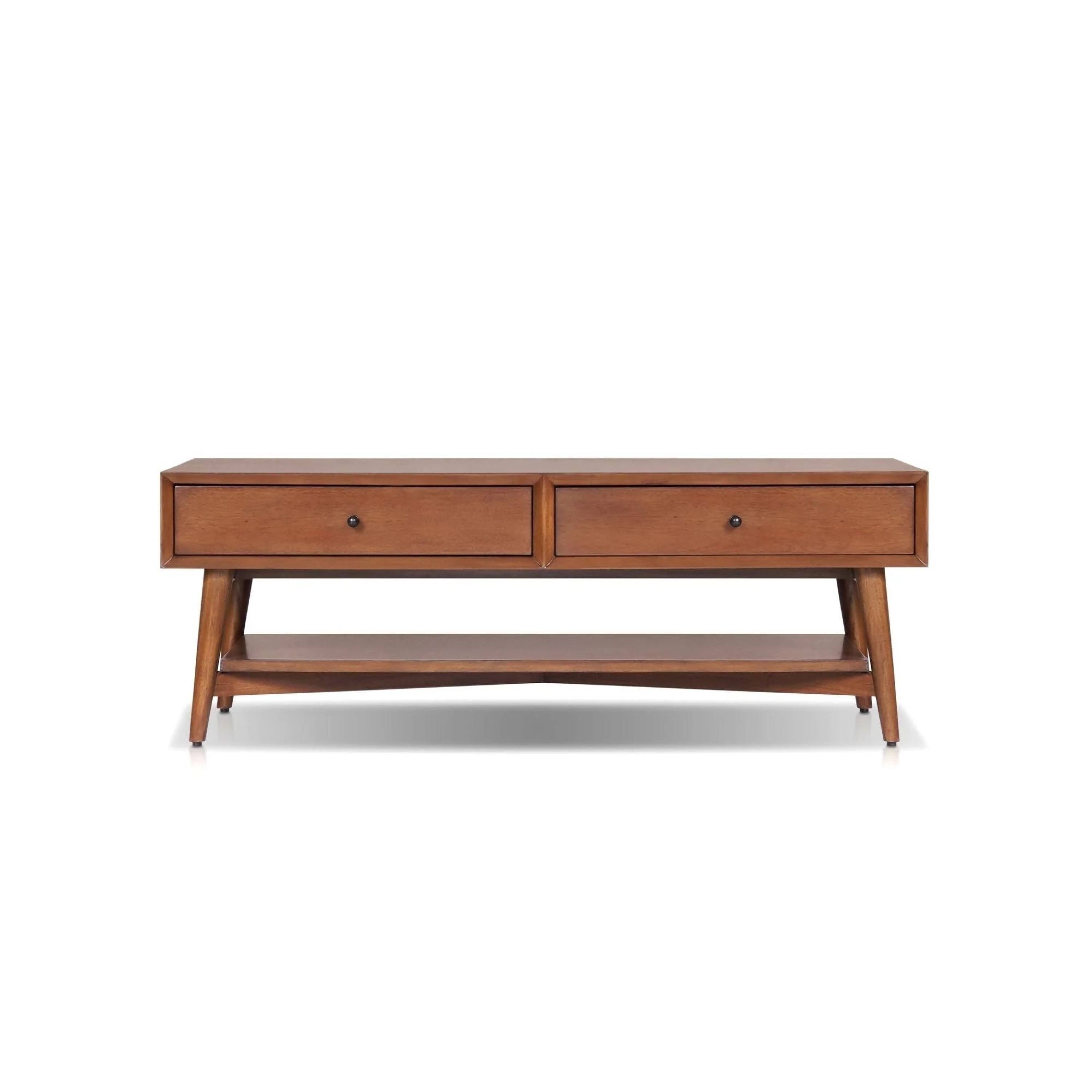 Angle. Manhattan Lane - Ian Coffee Table, 2 Drawers and Shelf, 48 Inch Rectangular - Chestnut Brown, Nickel.